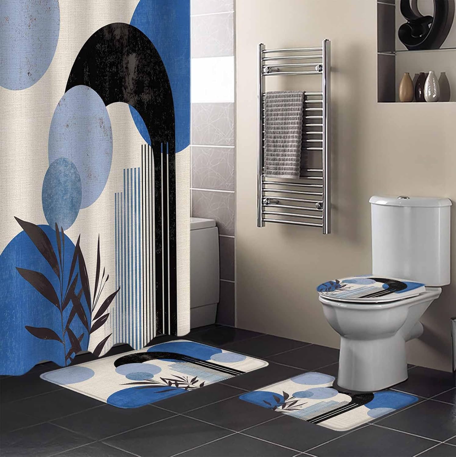 Boho Blue Bathroom Set with Curtain Rug and Hooks
