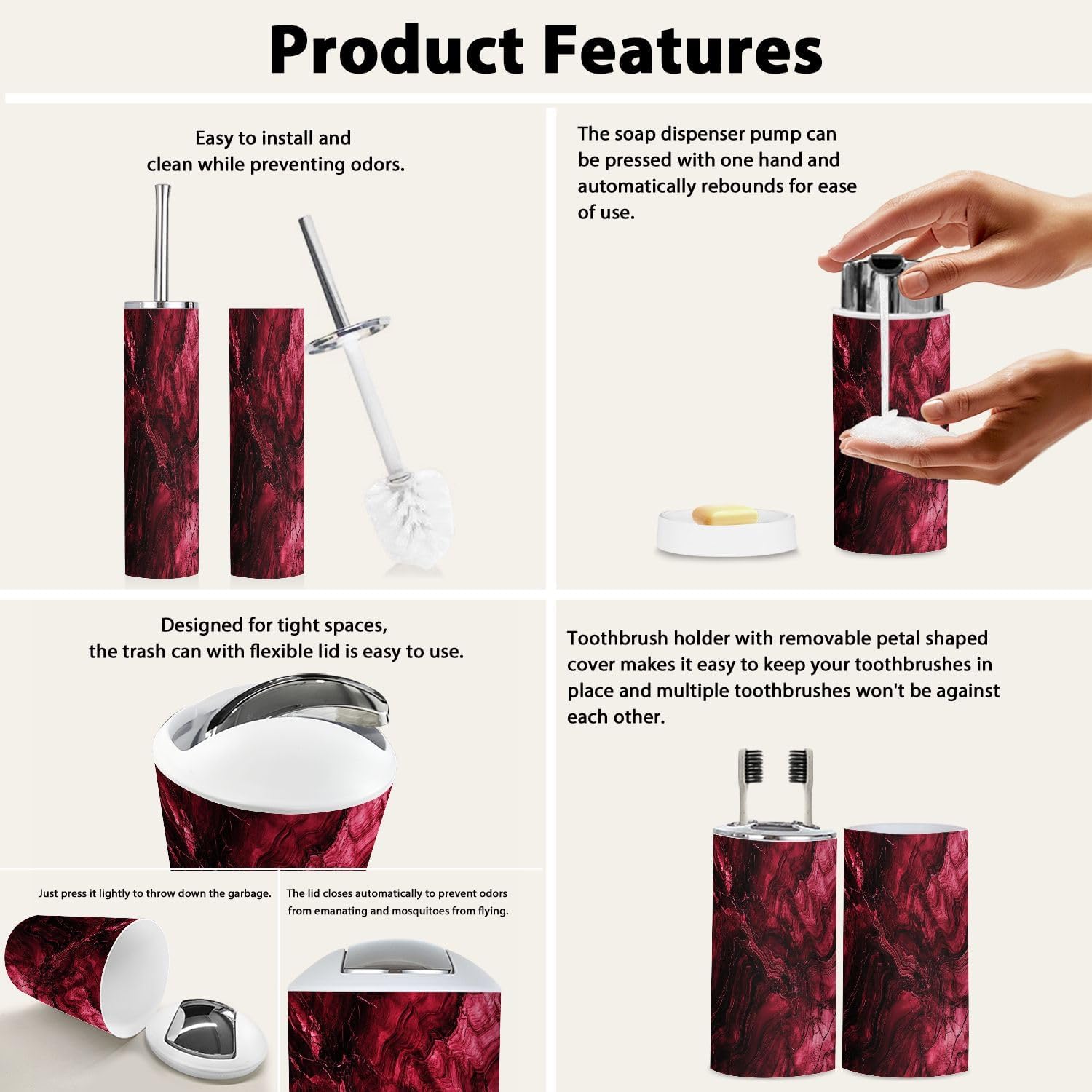 Boho Bathroom Accessory Set 6 Piece in Magenta and Maroon