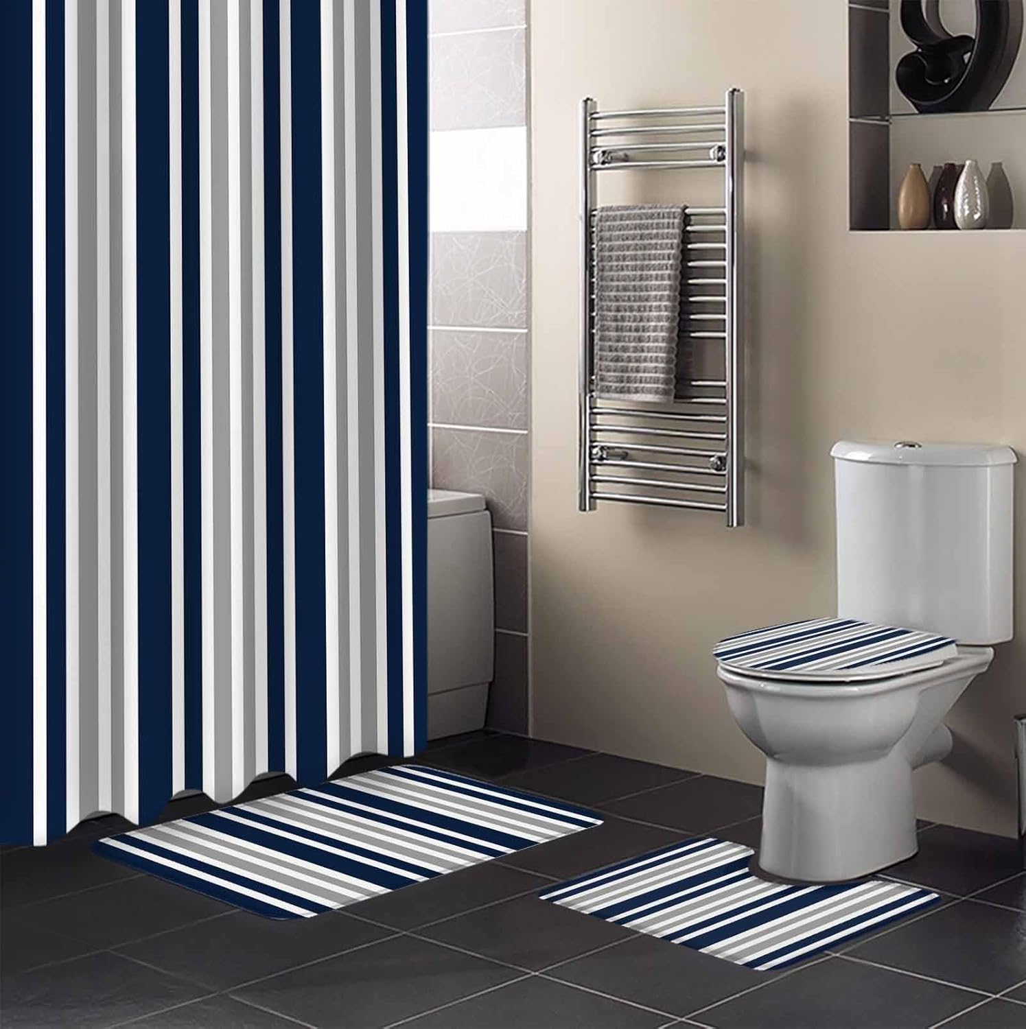 Navy Blue Grey Bathroom Set with Curtain Rug and Accessories 1