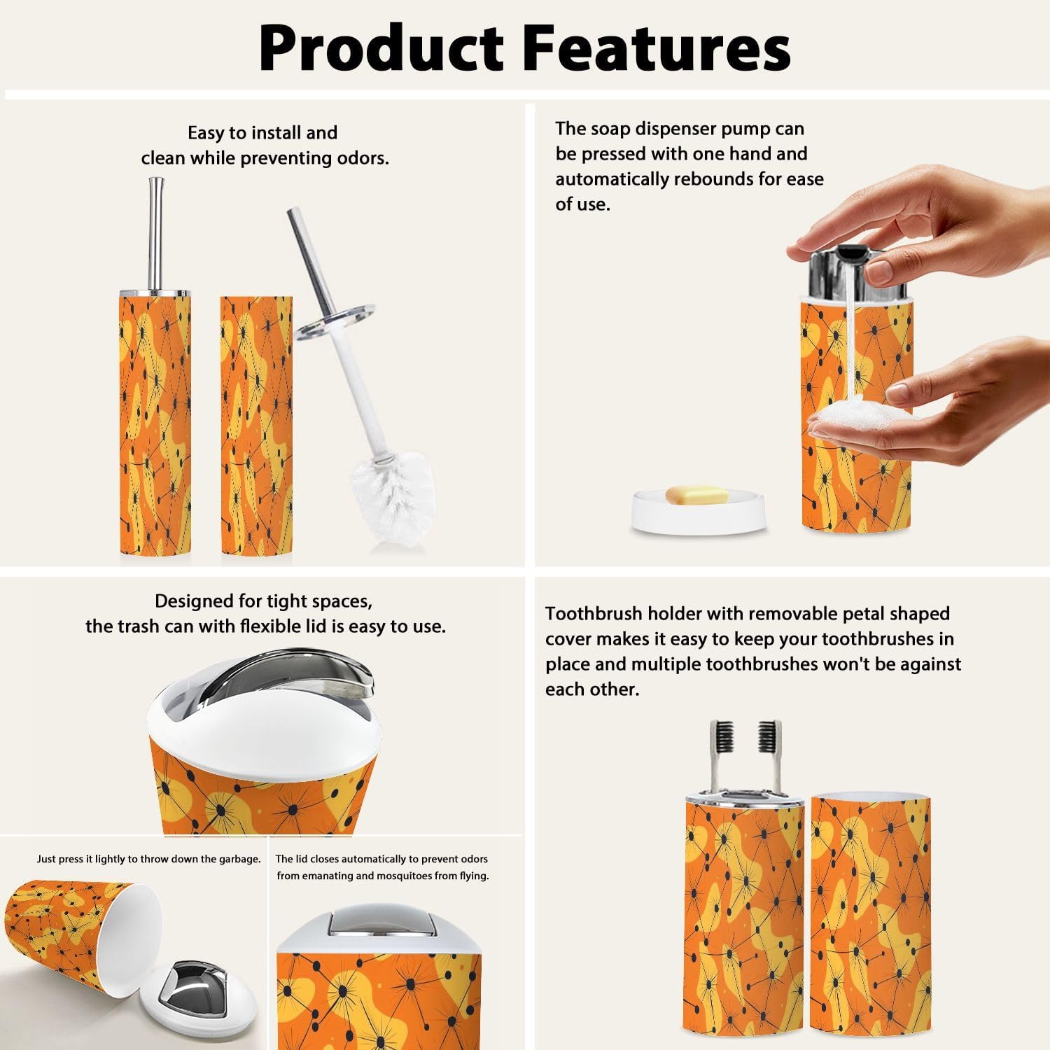 Boho Vivid Orange Bathroom Accessory Set 6 Piece
