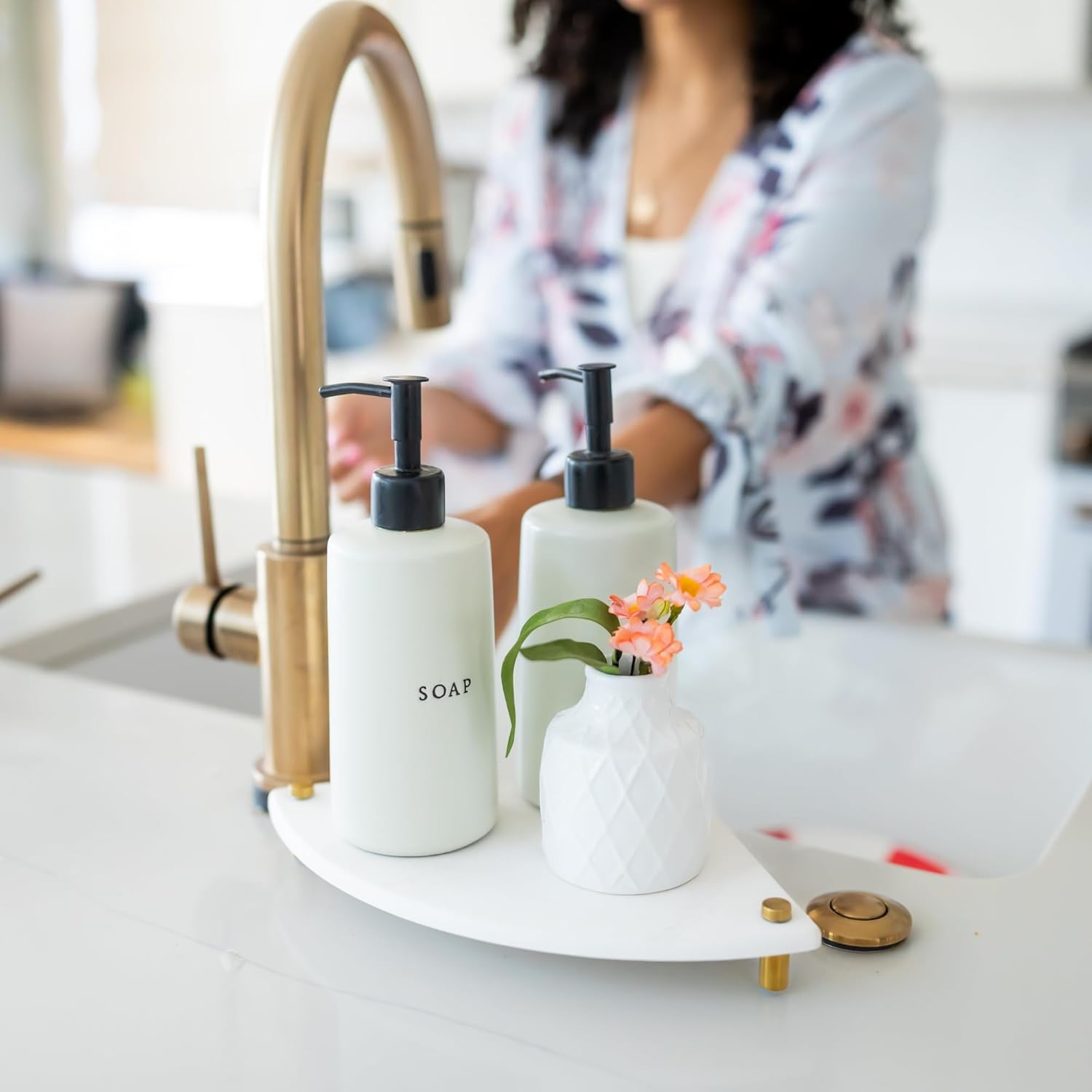 Corner Sink Caddy with Marble Print for Quick Drying