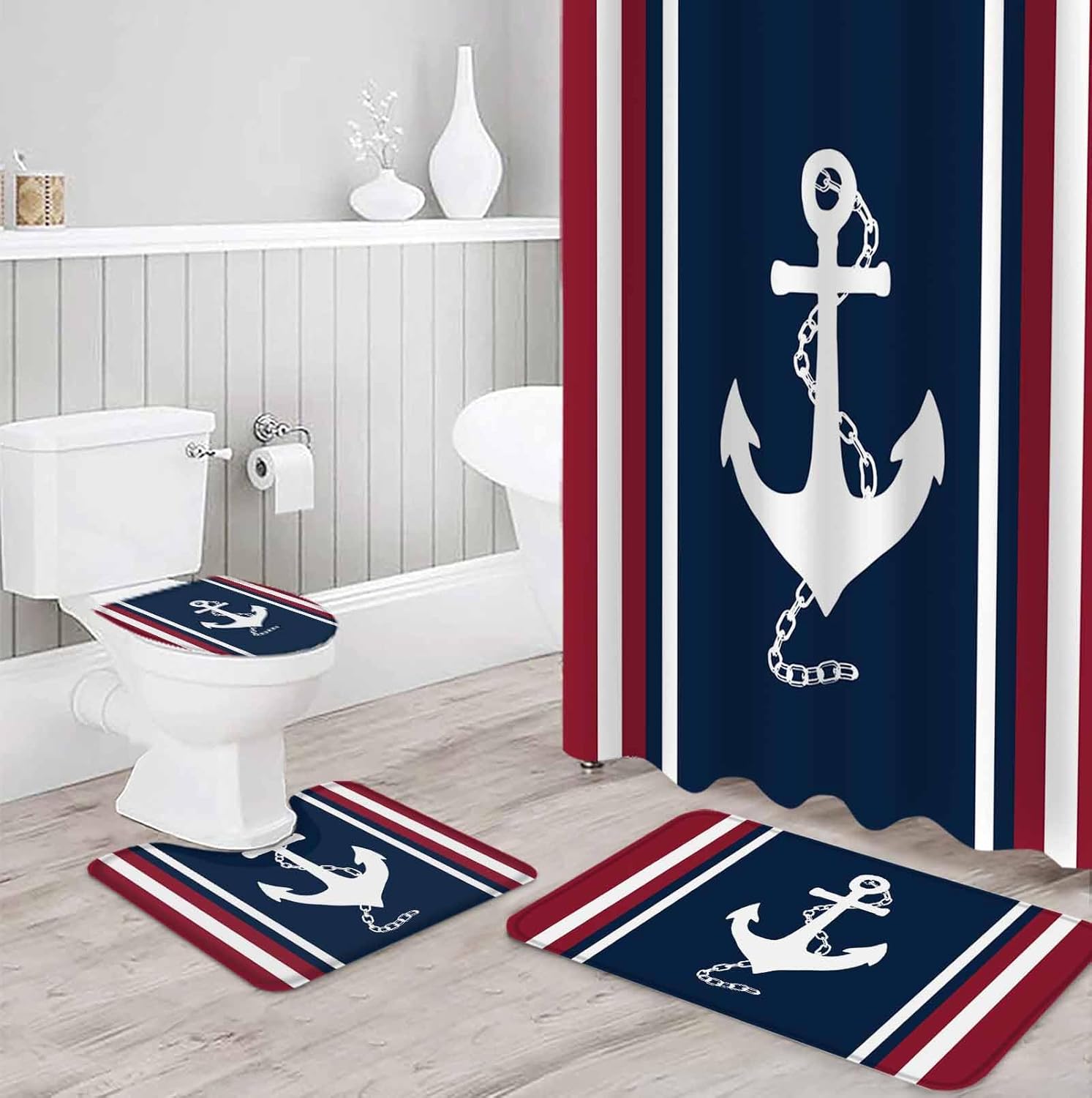 Nautical Anchor Bathroom Set with Curtain Rug and Hooks