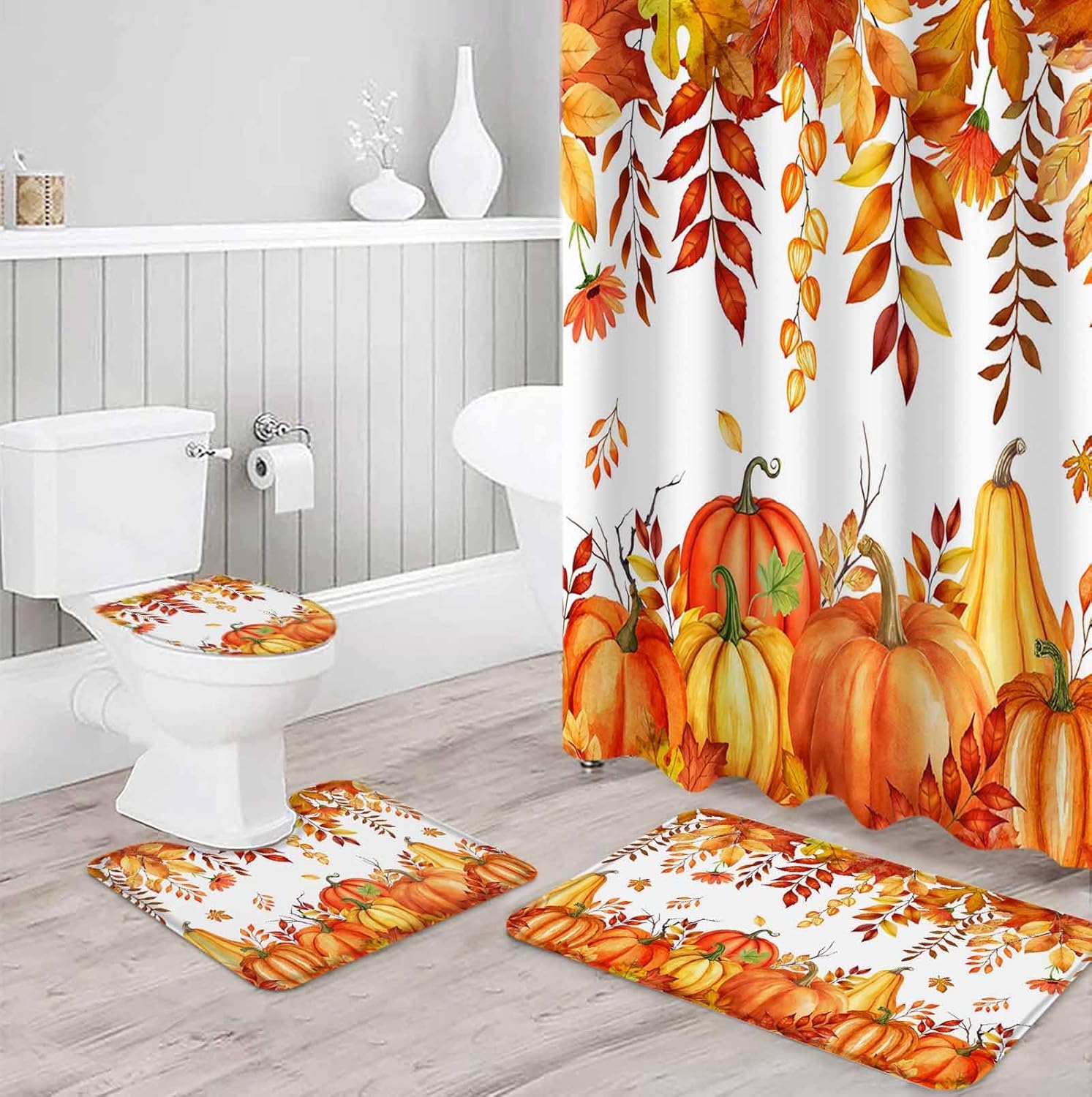 ZOE GARDEN Autumn Pumpkin Bath Set with Curtain Rug and Hooks