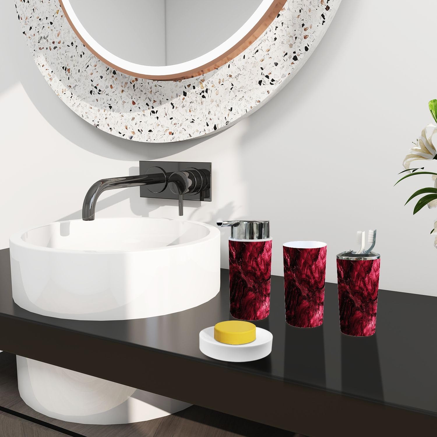 Boho Bathroom Accessory Set 6 Piece in Magenta and Maroon