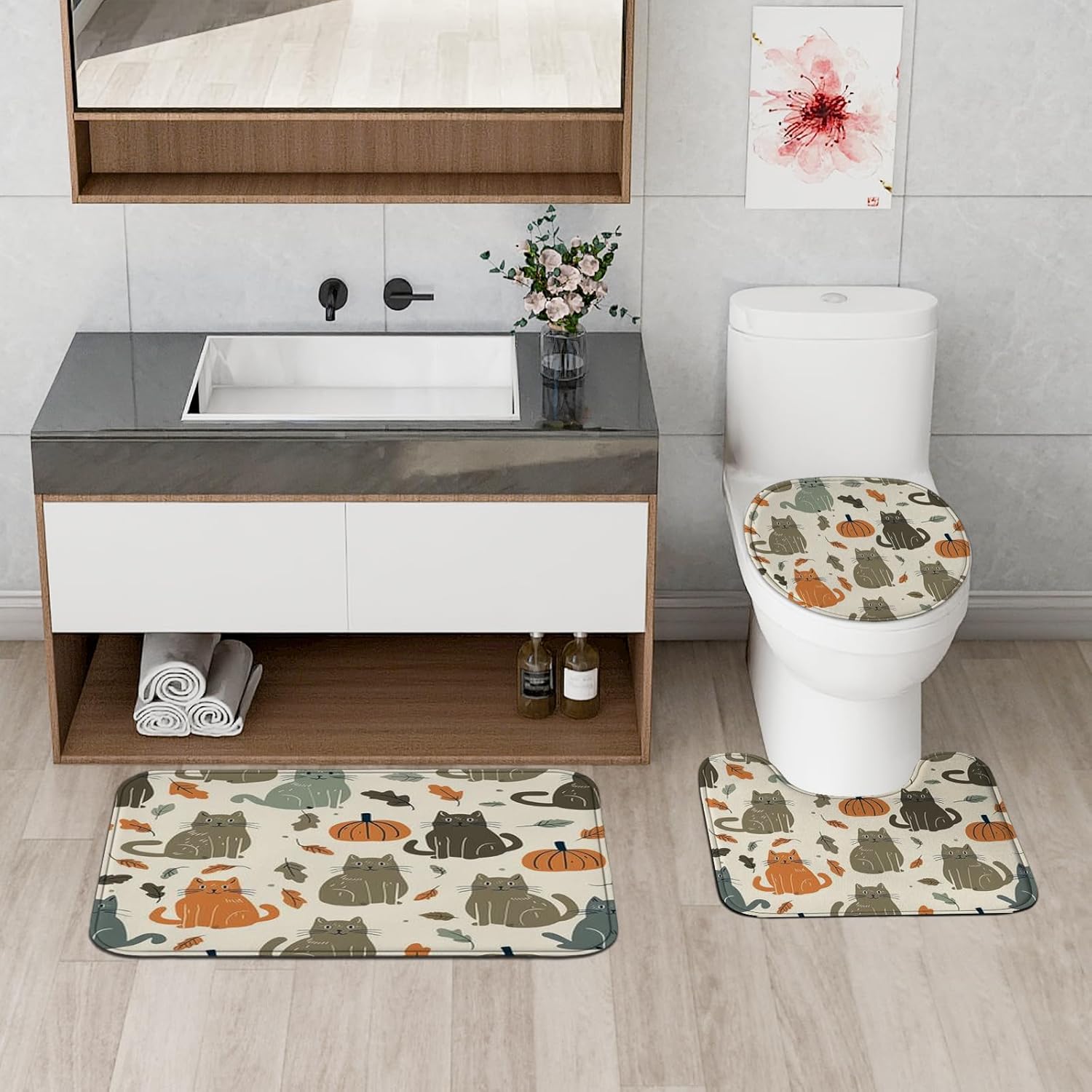 4PCS Fall Kawaii Cat Bathroom Set with Non-Slip Rug