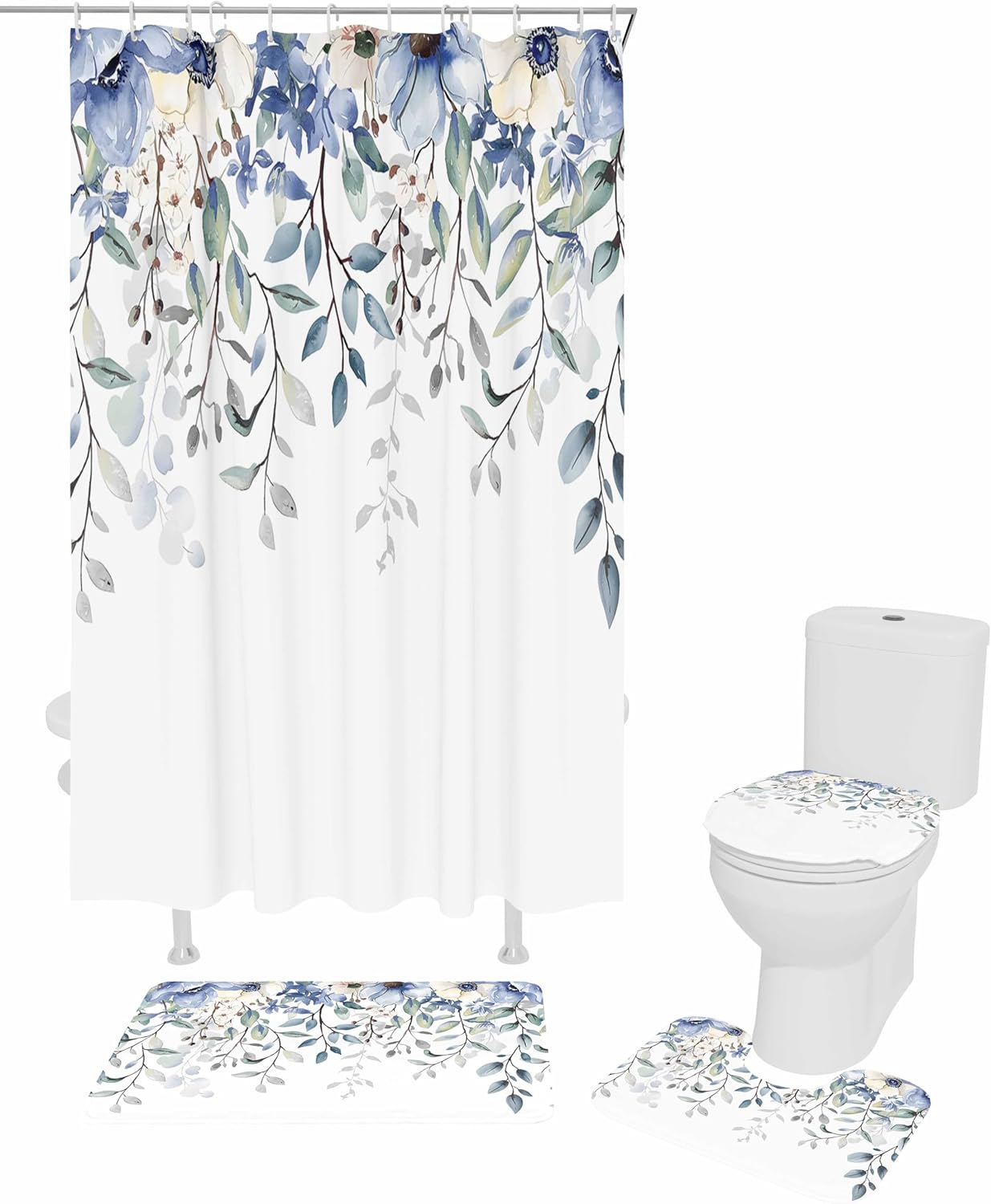 ZOE GARDEN Blue Eucalyptus Bathroom Set with Curtain Rug and Accessories