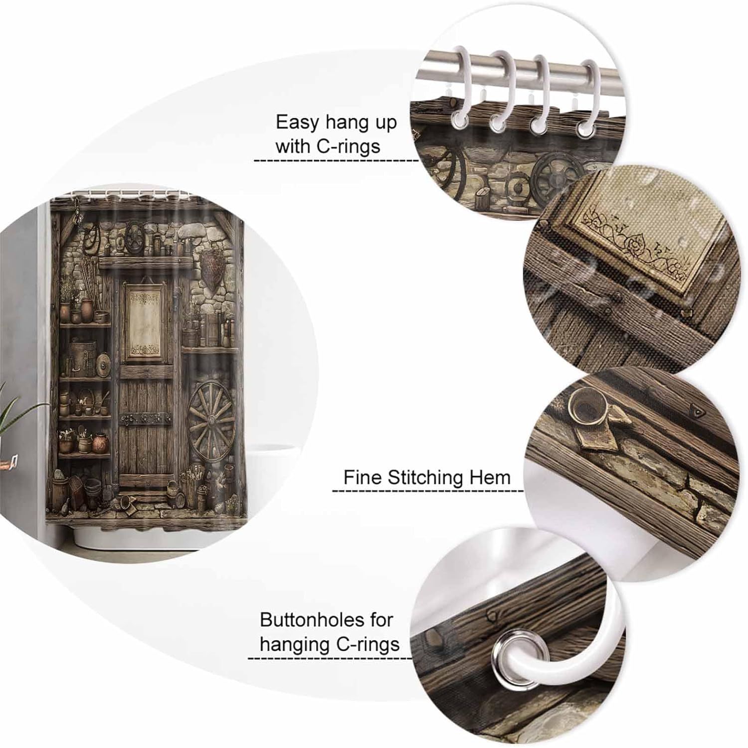 Farmhouse Wooden Bathroom Set with Shower Curtain and Rug Accessories