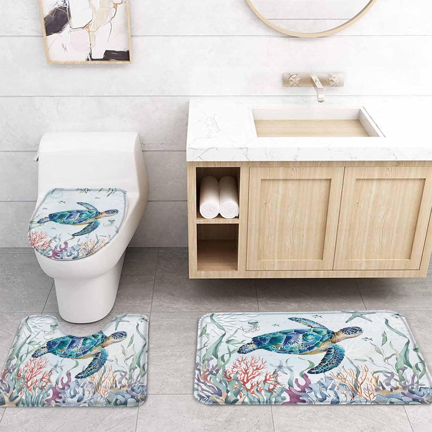 ZOE GARDEN Turtle Bathroom Set with Shower Curtain Rug and Accessories 1