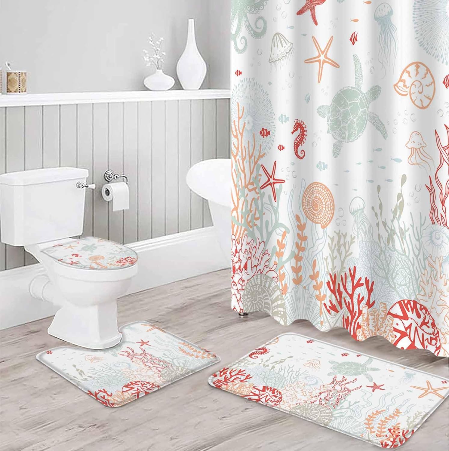 Coastal Turtle Bathroom Set with Shower Curtain Rug and Accessories