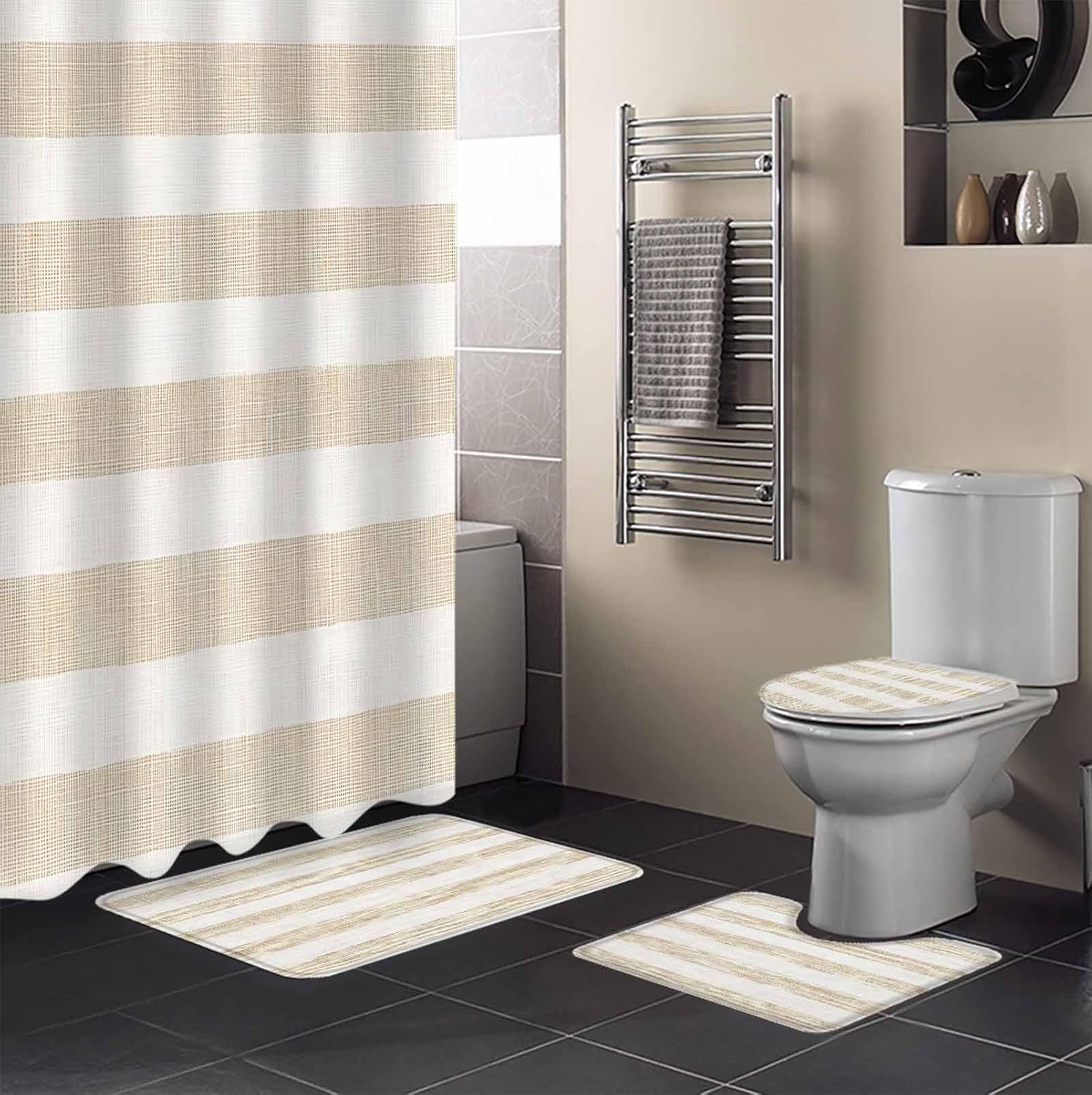 ZOE GARDEN Beige Stripe Bathroom Set with Shower Curtain and Rug