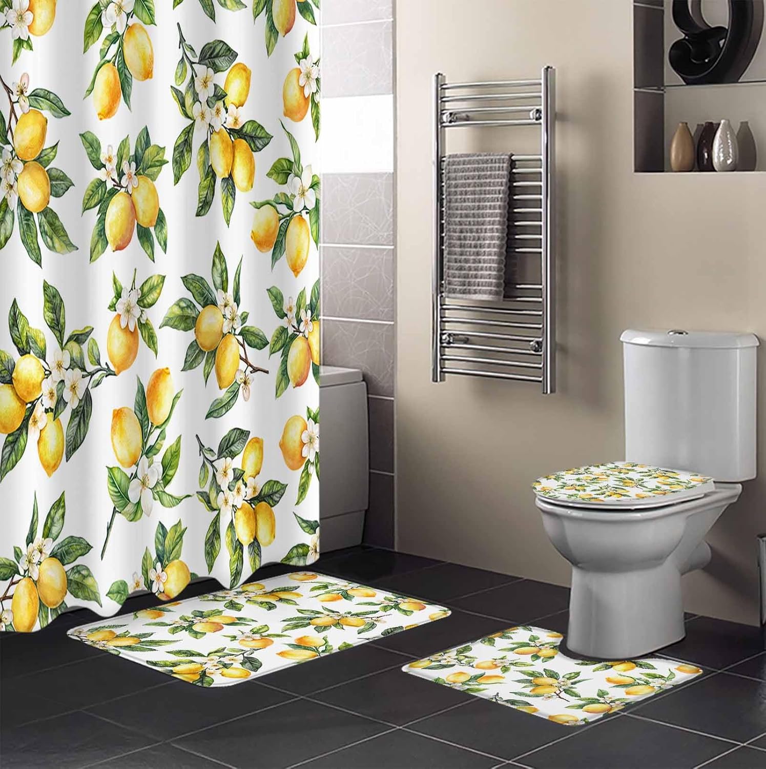 Yellow Lemon Bathroom Set with Curtain Rug and Accessories