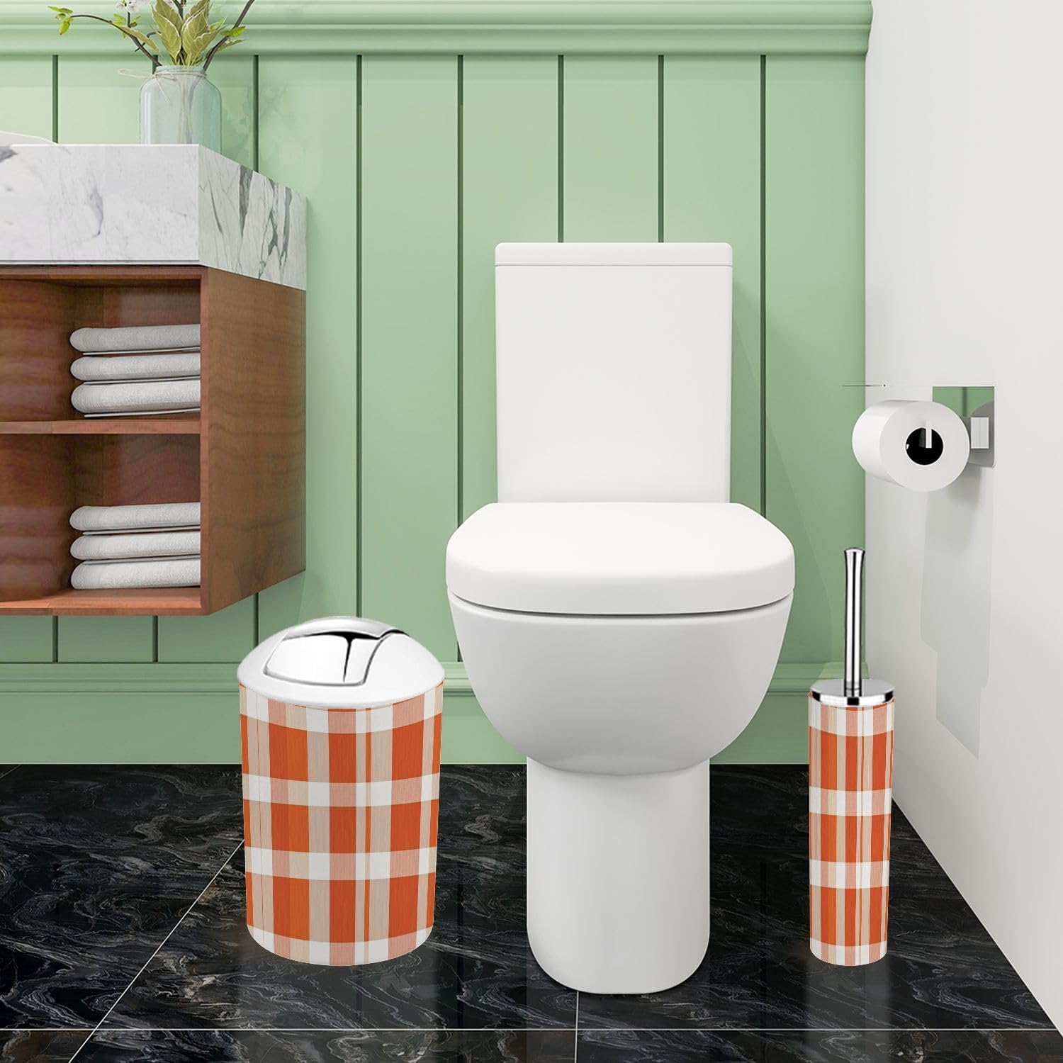 Boho Orange Plaid Bathroom Accessory Set 6 Piece