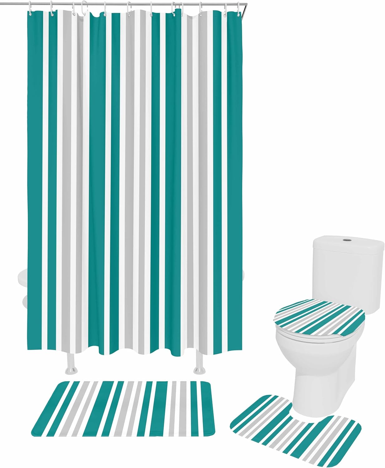 ZOE GARDEN Teal White Bathroom Set with Shower Curtain and Rug