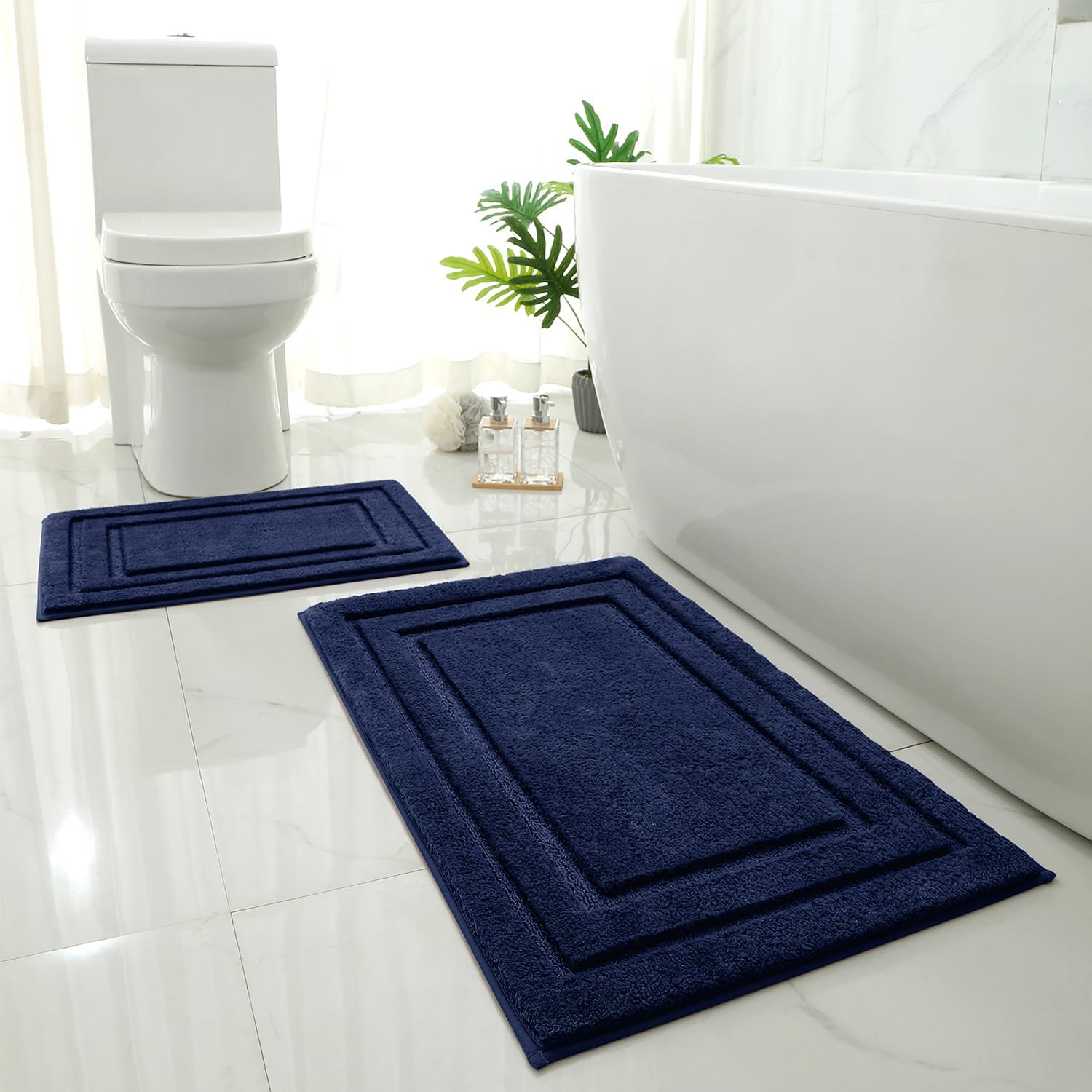 HOMEIDEAS 2-Piece Bath Rug Set Non-Slip Microfiber Mats Navy Blue