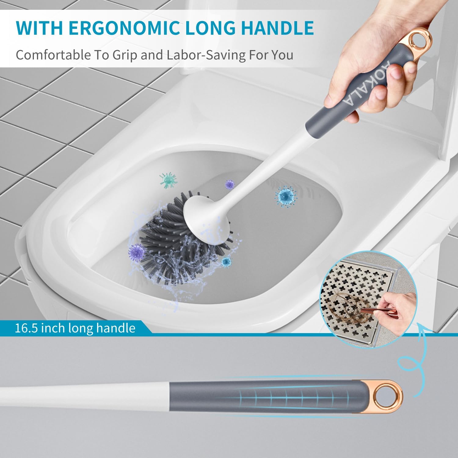 Aokala Silicone Toilet Brush with Tweezers and Holder Dark Gray