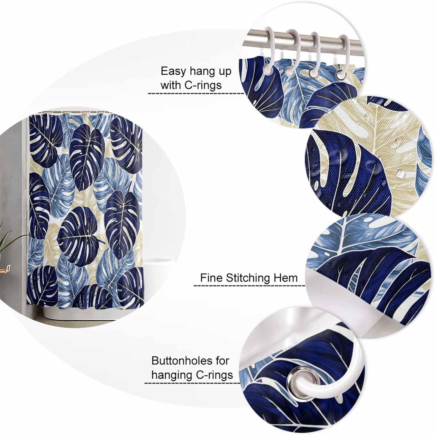 Navy Palm Leaf Bathroom Set with Curtain Rug and Accessories