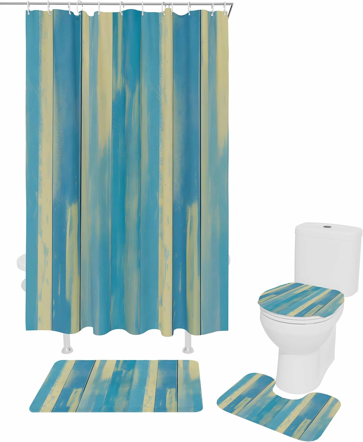 ZOE GARDEN Blue Yellow Bathroom Set with Shower Curtain Rug Accessories