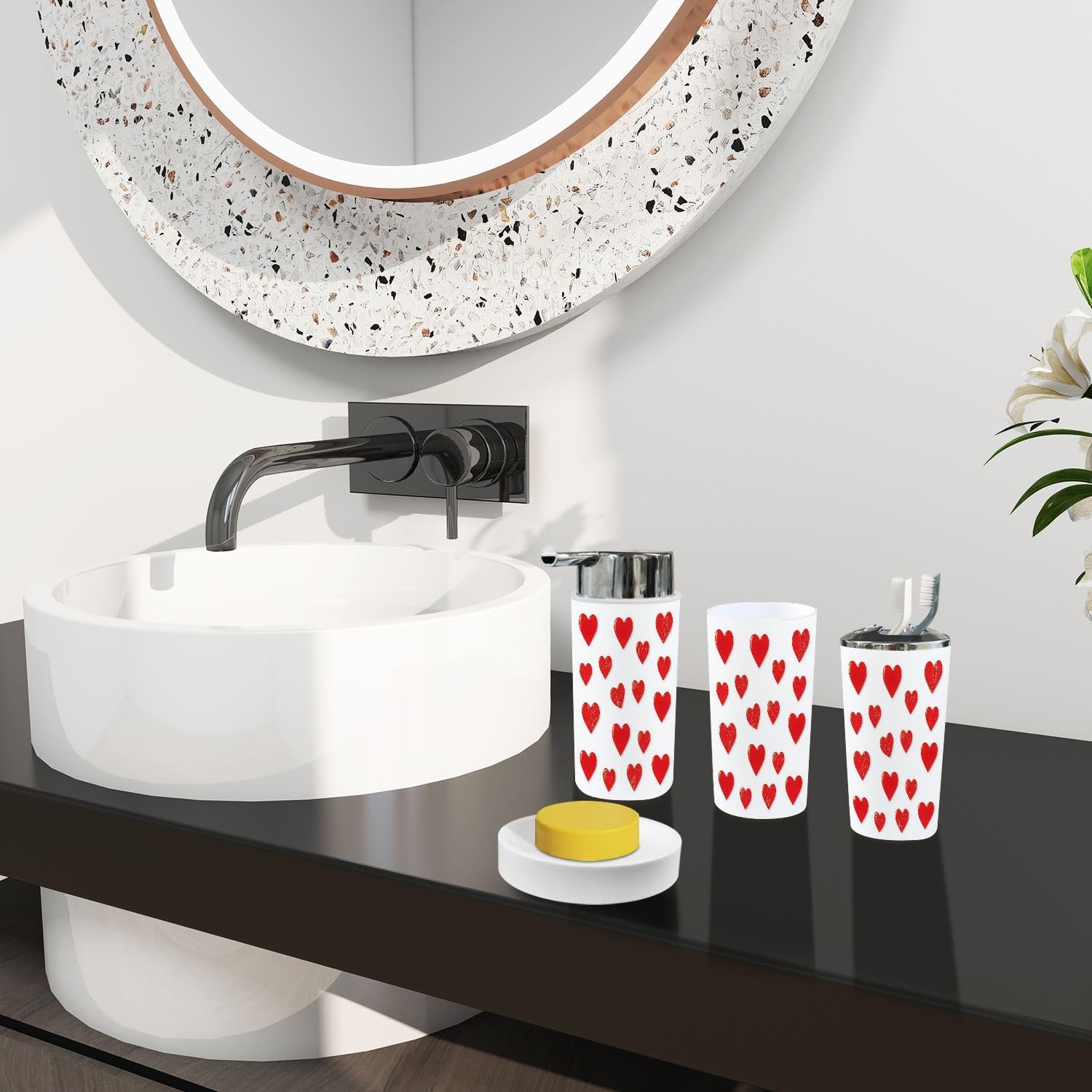 Boho Bathroom Accessory Set 6 Piece Red Hearts Design