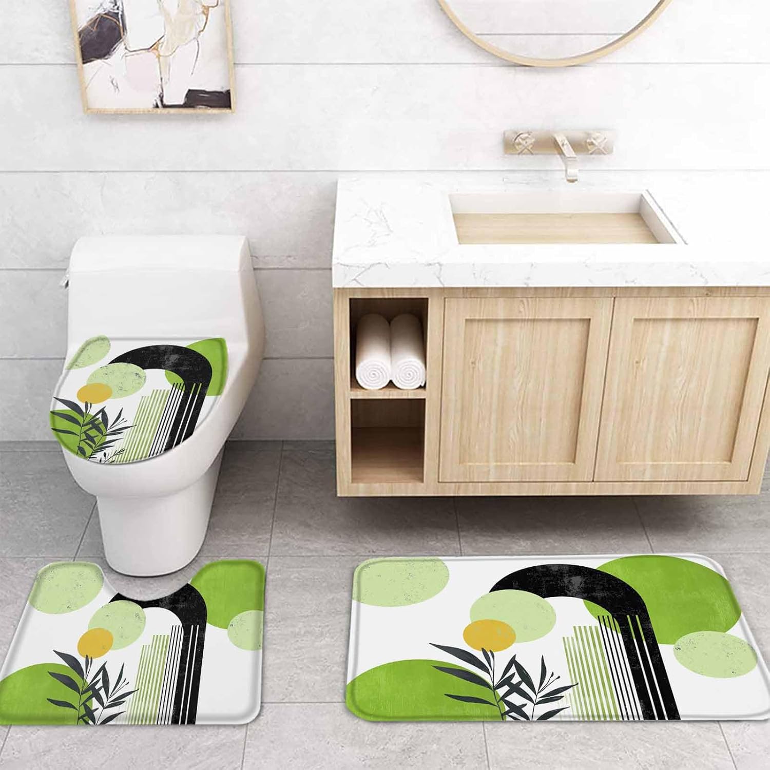 ZOE GARDEN Boho Green Bathroom Set with Curtain Rug and Hooks