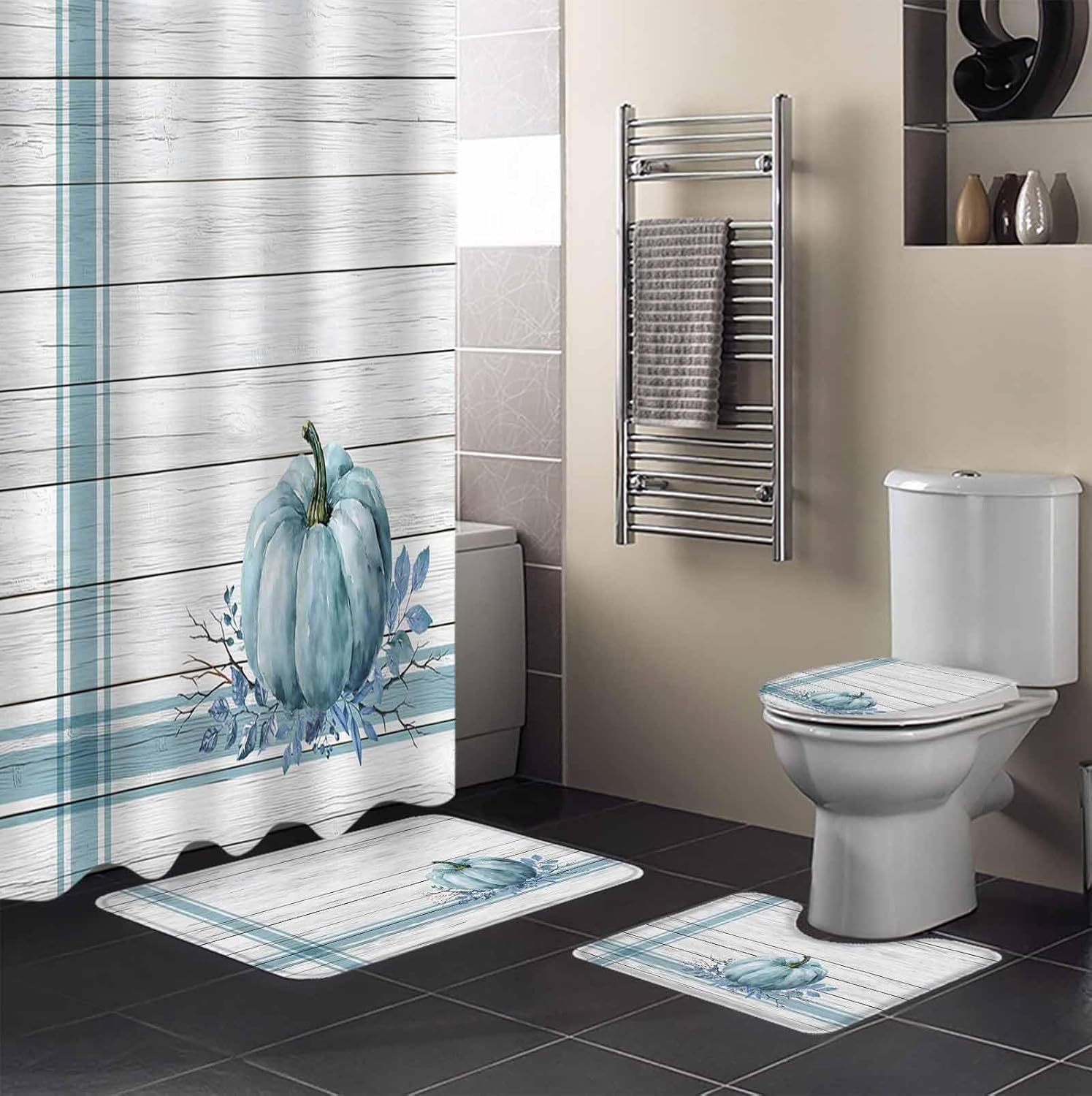 ZOE GARDEN Blue Pumpkin Bathroom Set with Curtain Rug and Accessories