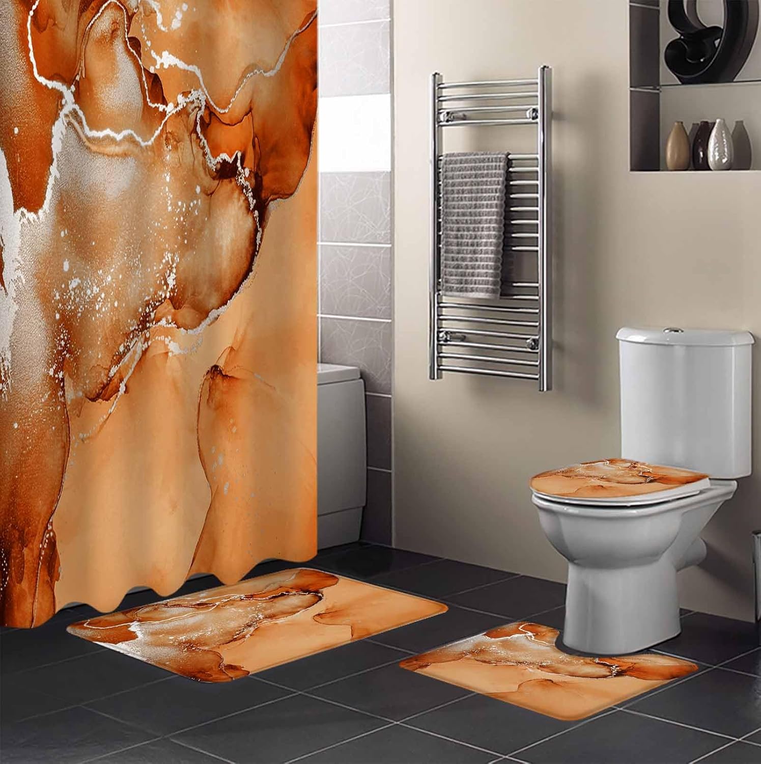 ZOE GARDEN Orange Marble Bathroom Set with Curtain Rug and Accessories