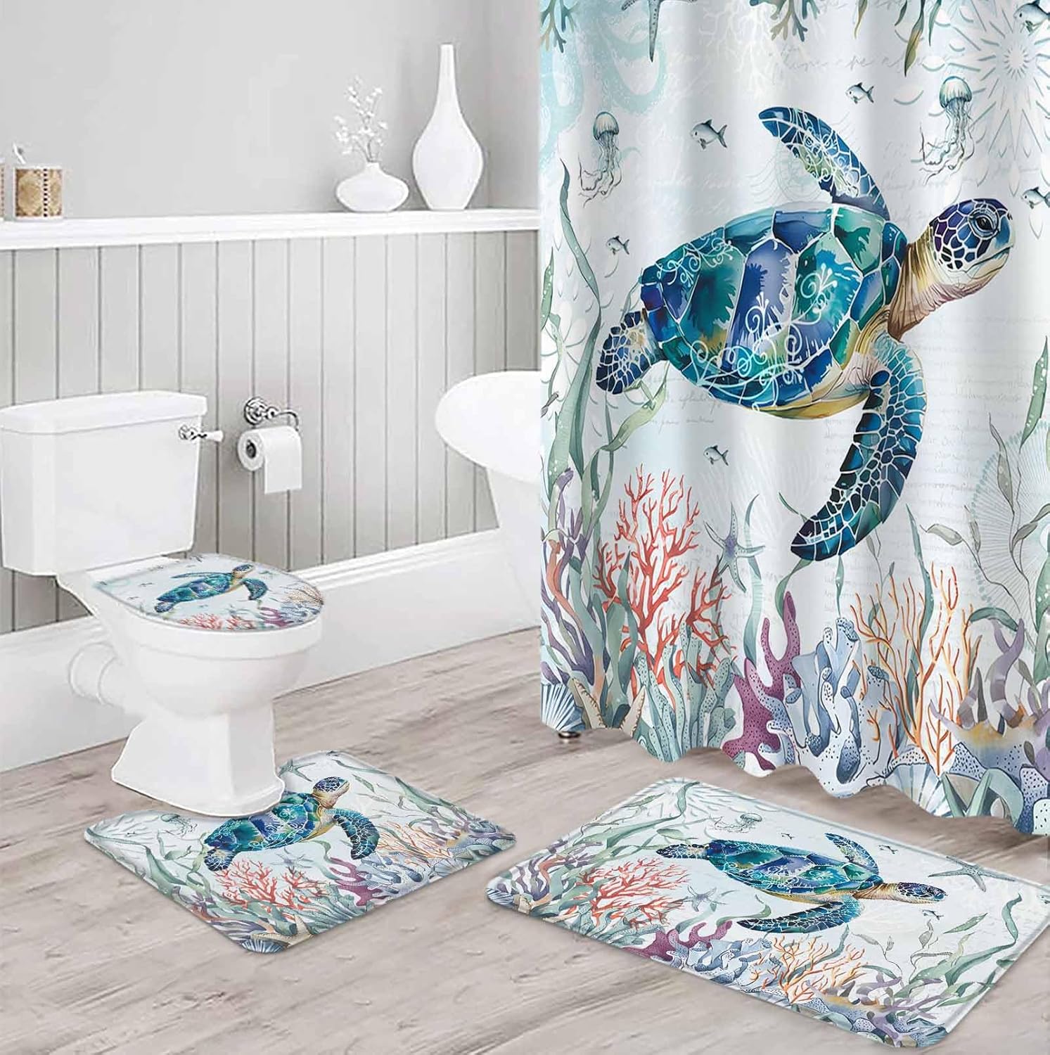 ZOE GARDEN Turtle Bathroom Set with Shower Curtain Rug and Accessories 1