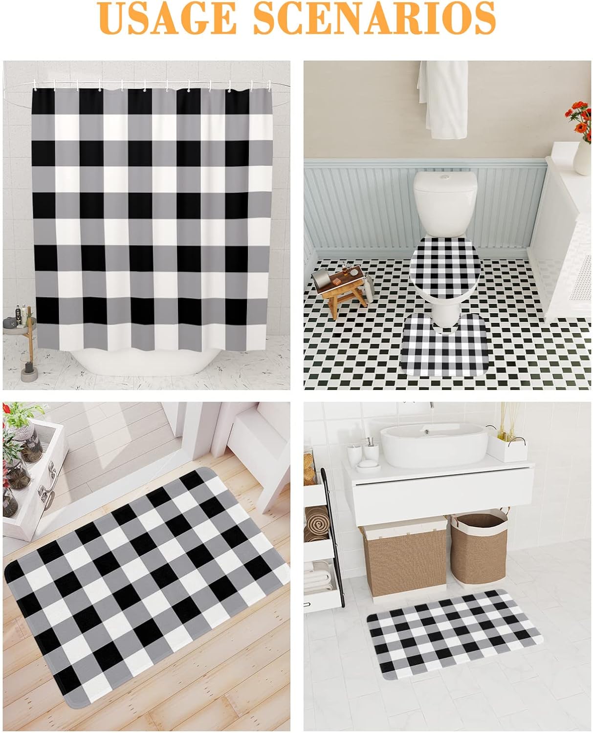 ZOE GARDEN Black and White Buffalo Plaid Bathroom Set