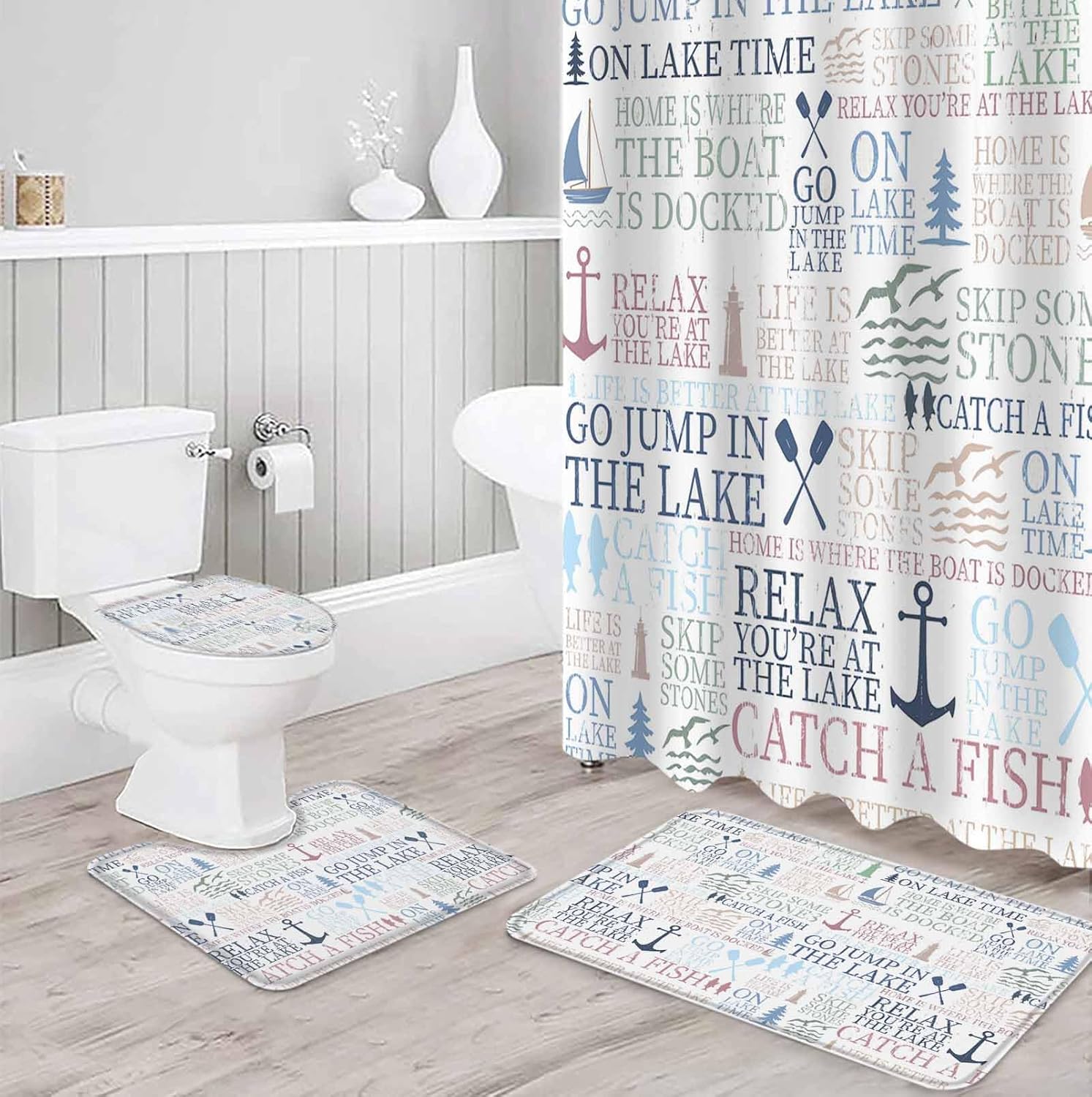 Coastal Nautical Bathroom Set with Curtain Rug and Accessories