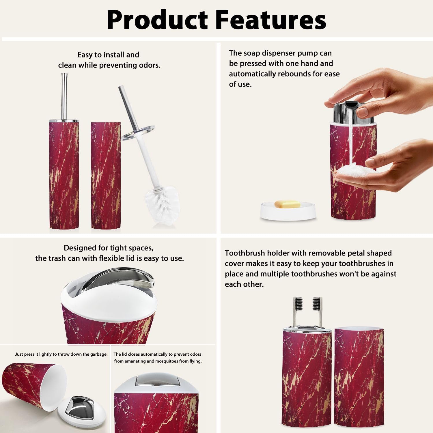 Boho Modern 6-Piece Bathroom Accessory Set in Red and Golden Maroon