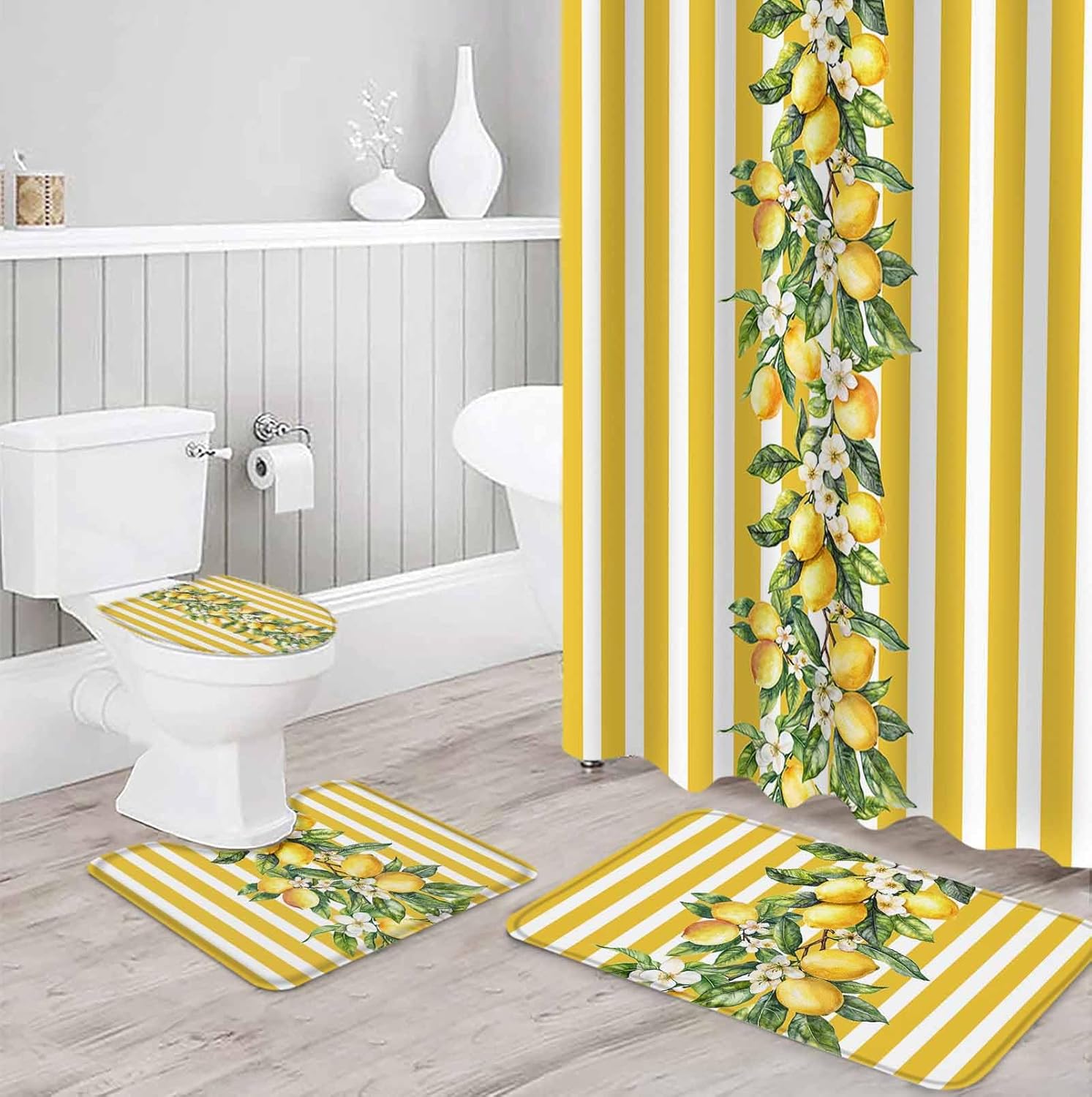 Yellow Lemon Bathroom Set with Shower Curtain Rug and Accessories 1