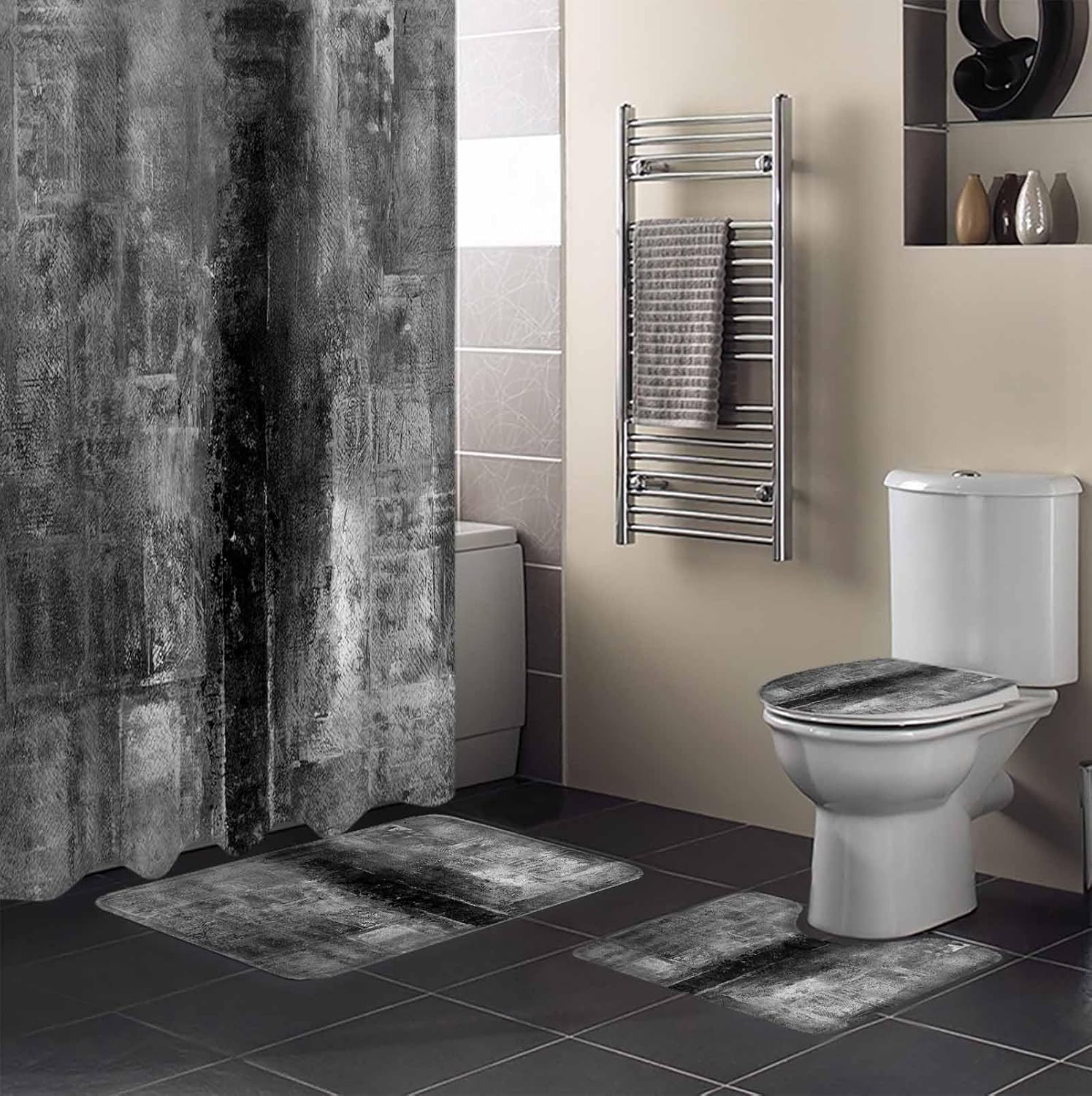 ZOE GARDEN Retro Grey Bathroom Set with Shower Curtain and Rug