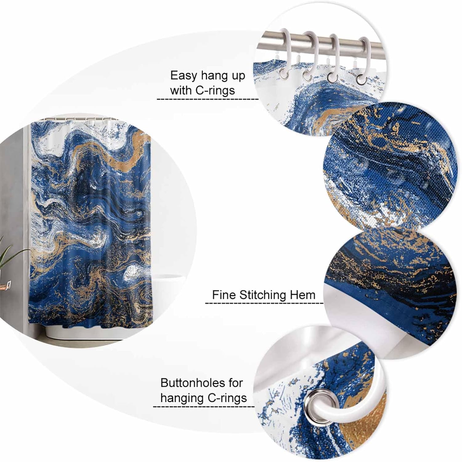 Blue Marble Bathroom Set with Curtain and Rug Accessories
