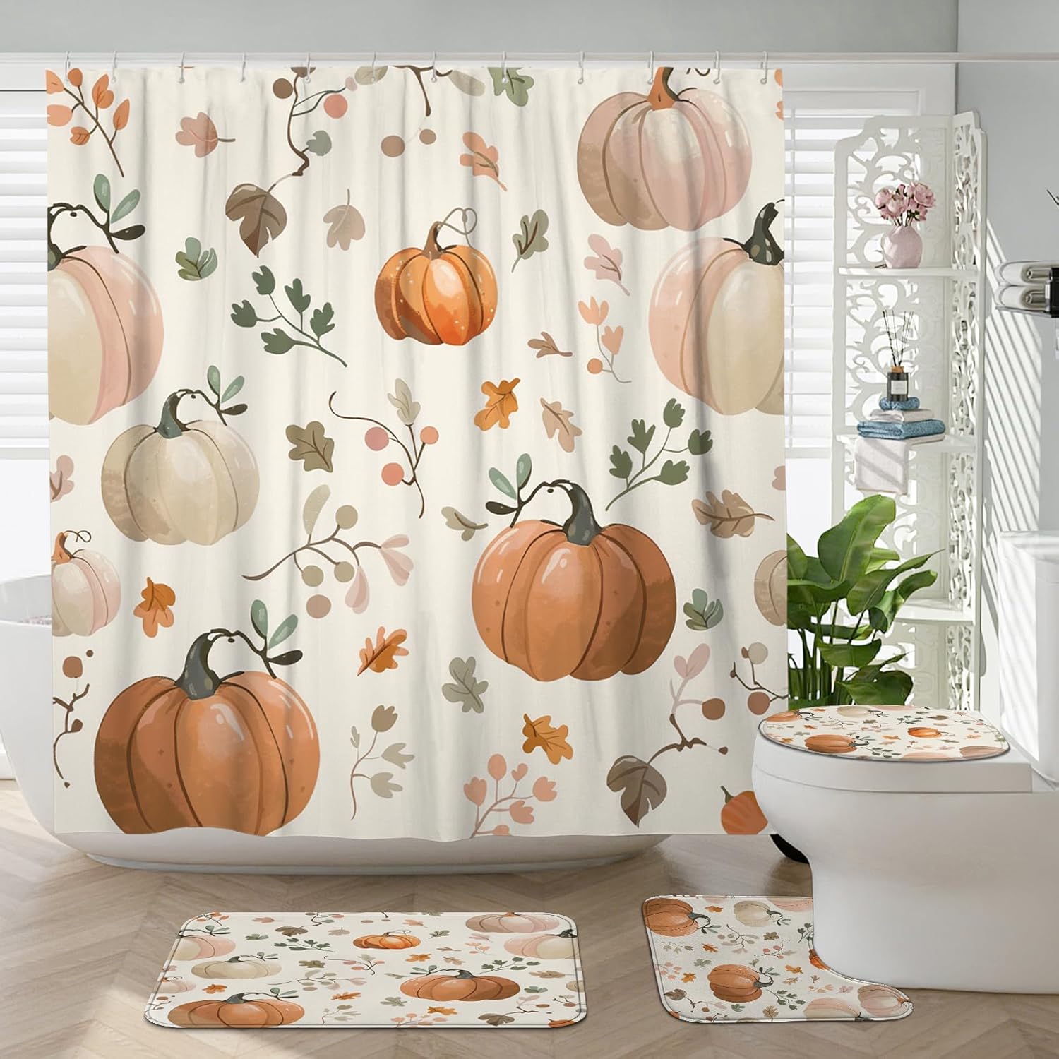 Fall Cream Pumpkin Shower Curtain Set with Non-Slip Rug and U Shape