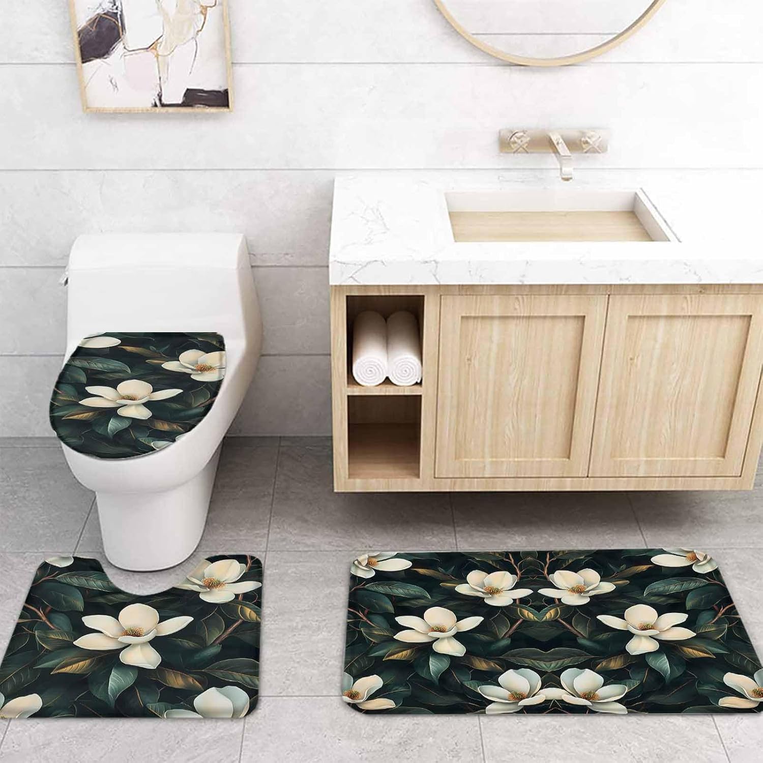 Floral Bathroom Set with 36x72 Inch Curtain and Rug