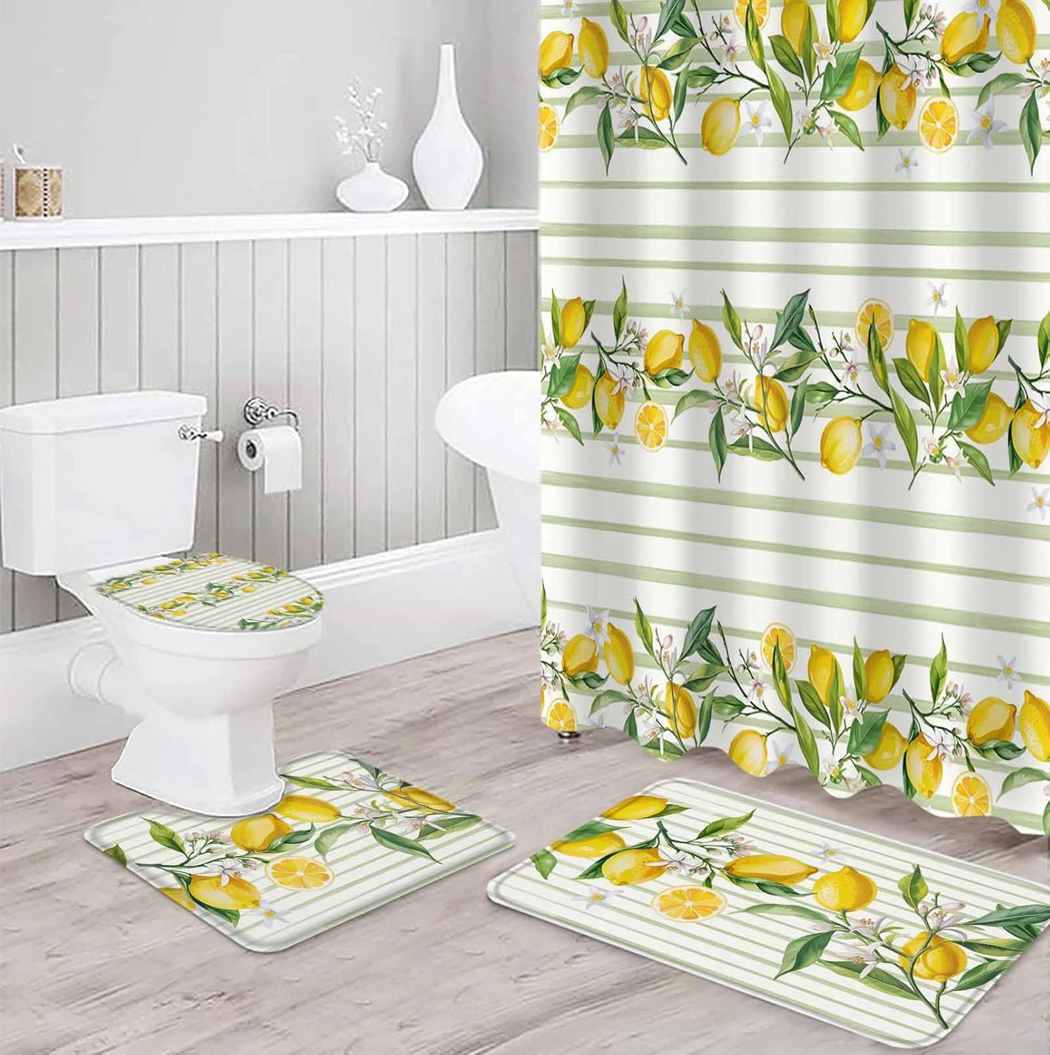 ZOE GARDEN Lemon Stripe Bathroom Set with Curtain Rug and Accessories 1