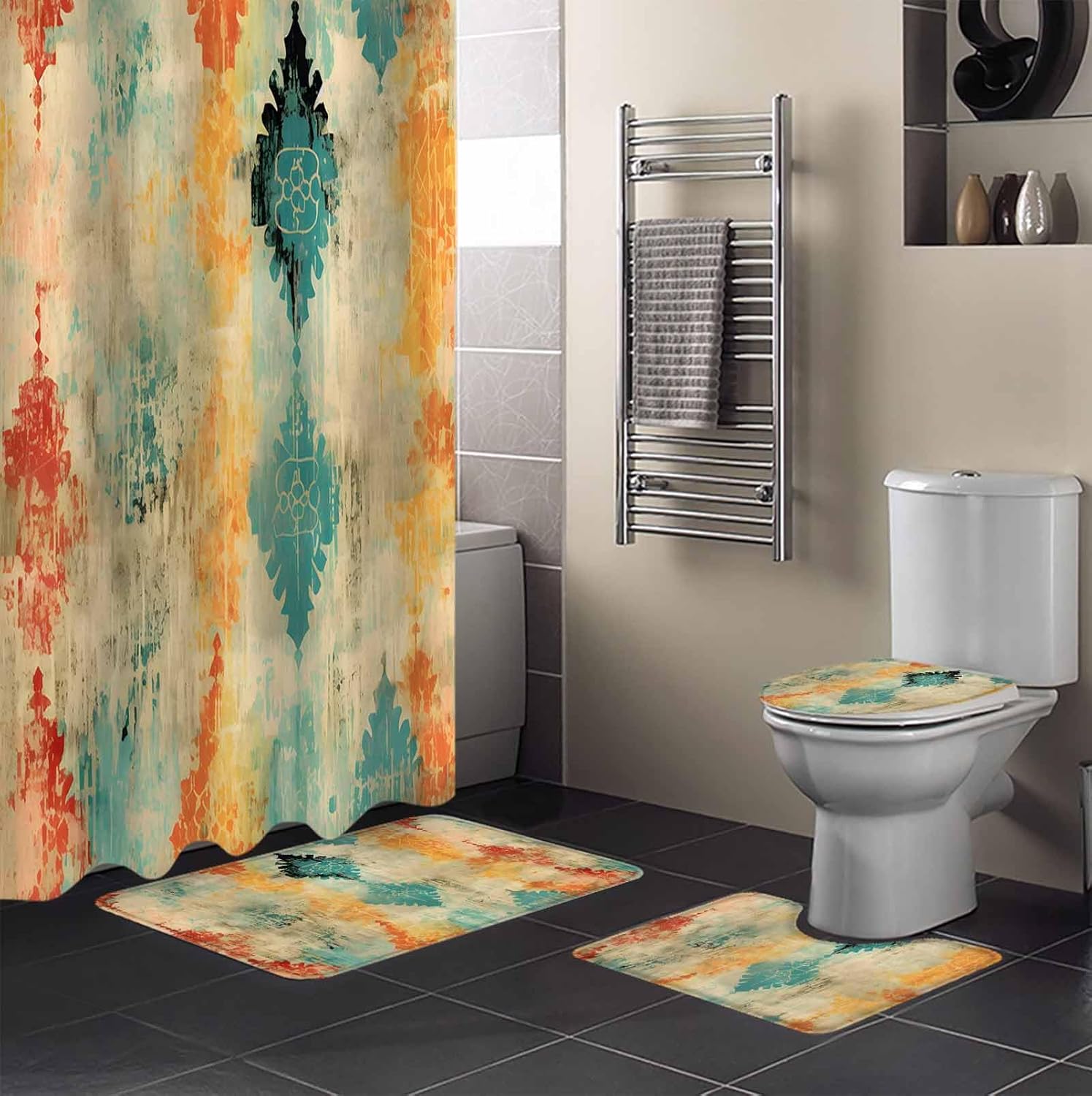 ZOE GARDEN Yellow Abstract Bathroom Set - Modern Art Shower Curtain and Rug Set