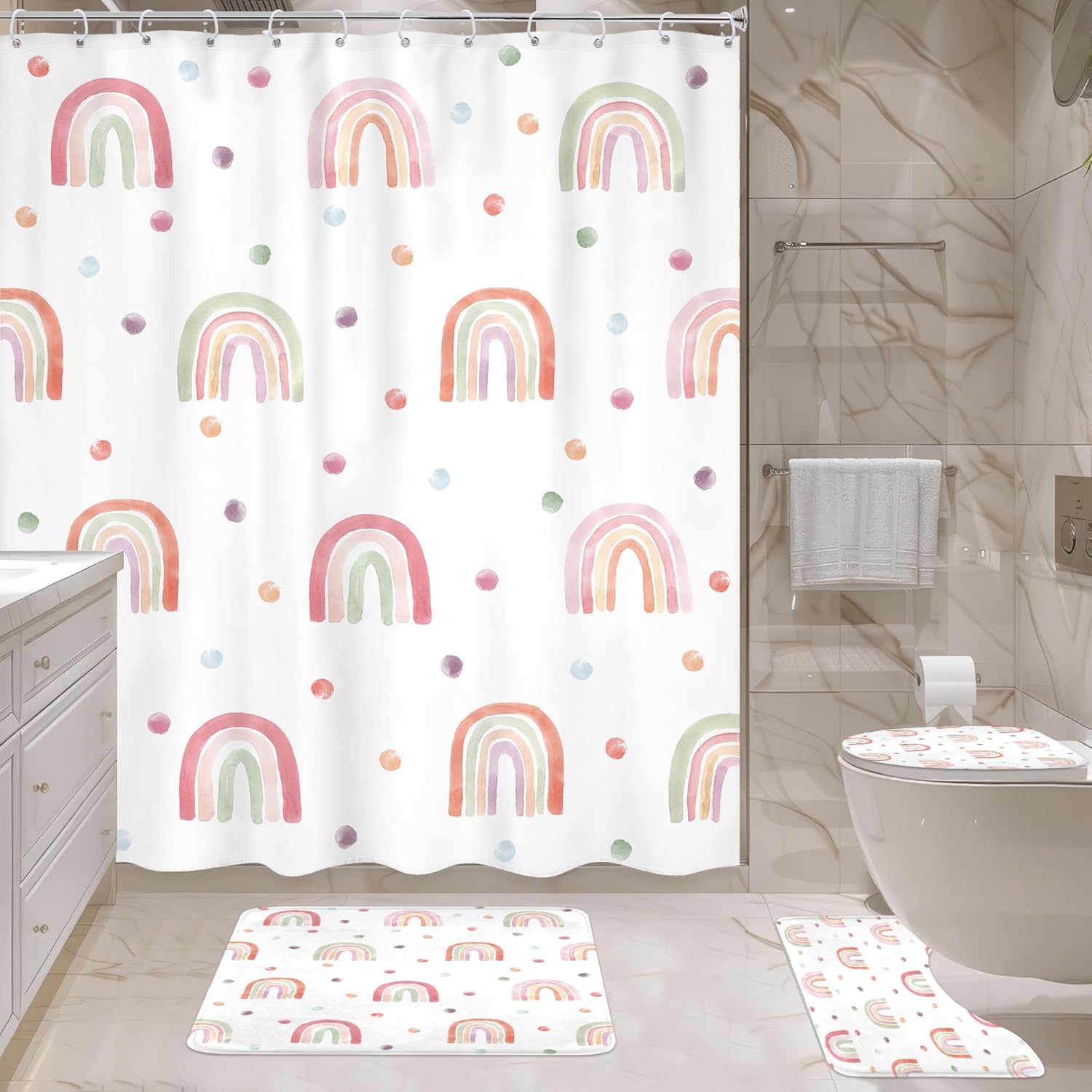 Ufeela 4PCS Rainbow Kids Girls Shower Curtain Set