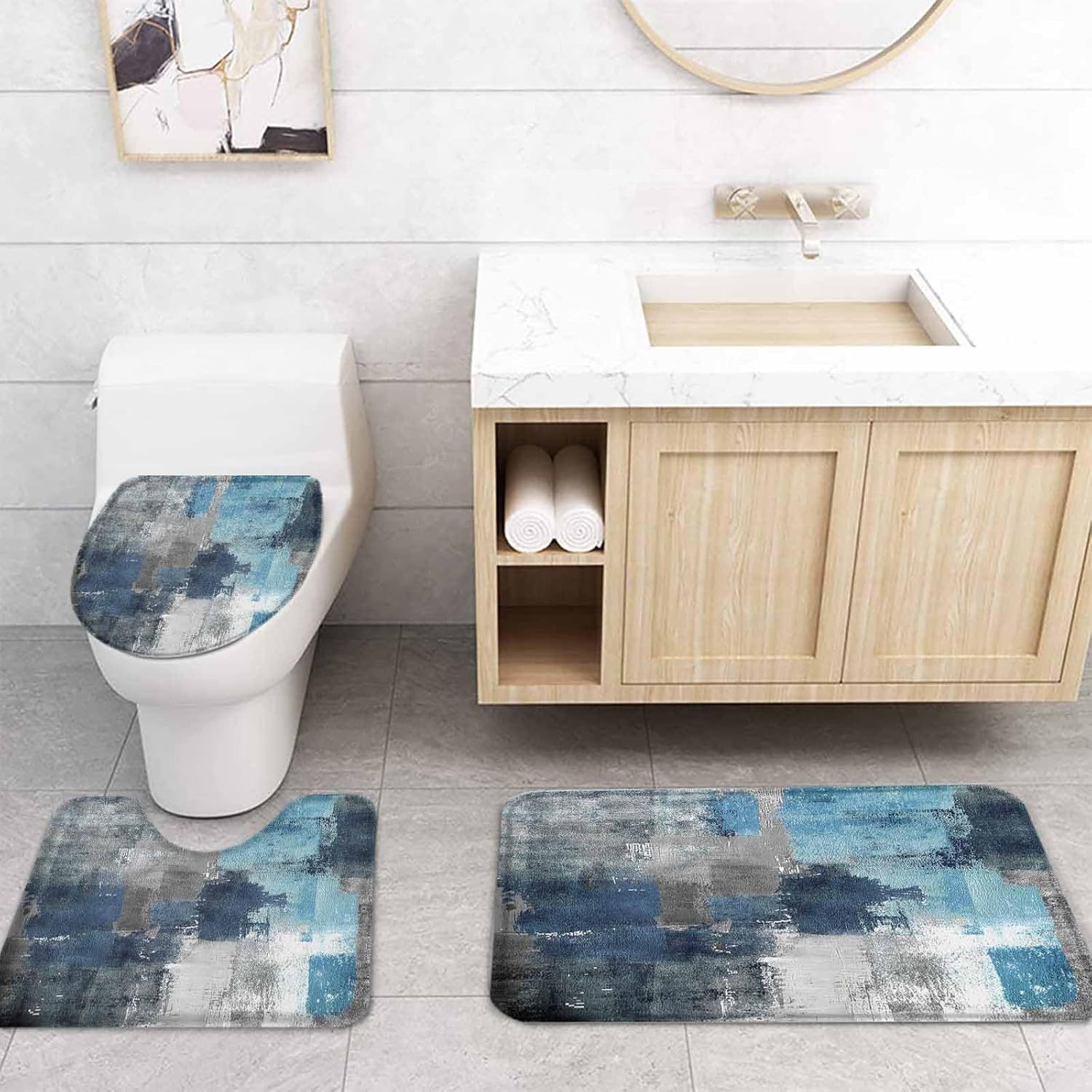 ZOE GARDEN Blue Grey Bathroom Set with Shower Curtain and Rug 1