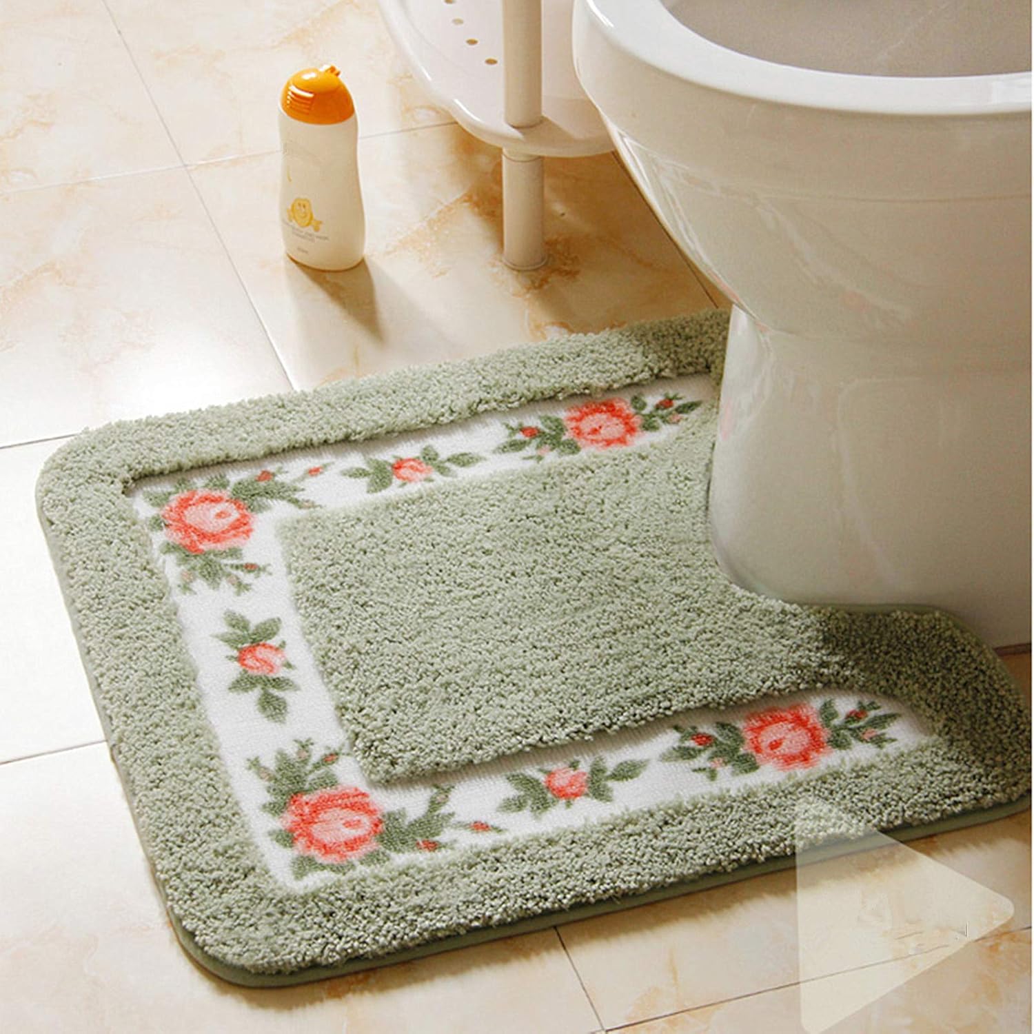 UKELER Non-Skid Floral Rose Bath Rugs Set of 2 Green