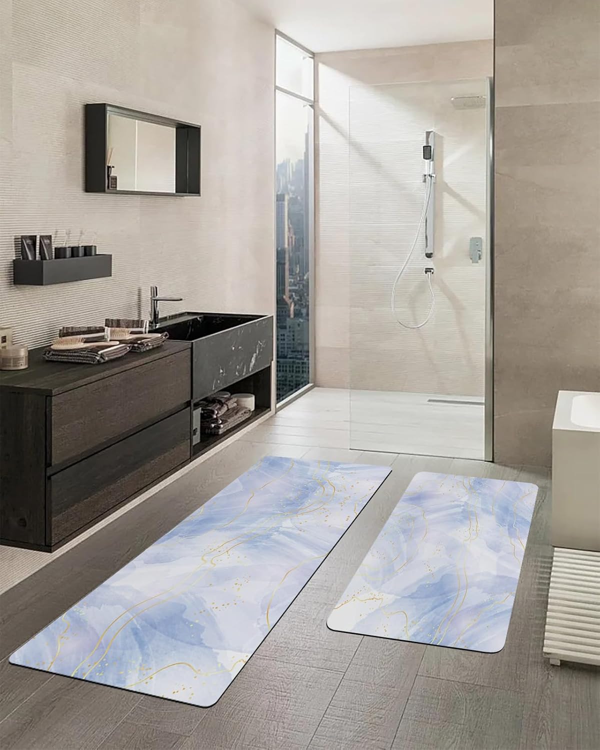2PCS Non-Slip Diatomite Bath Mats Set with Gold Line Design