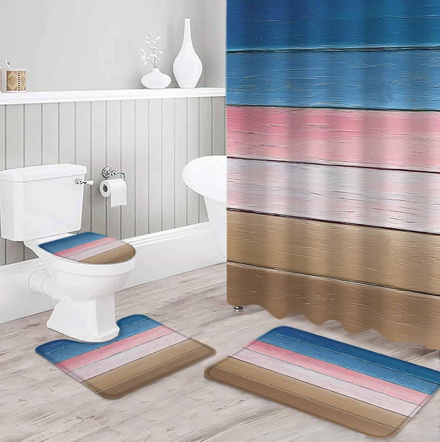 ZOE GARDEN Blue Pink Bathroom Set with Curtain Rug Hooks and Mat