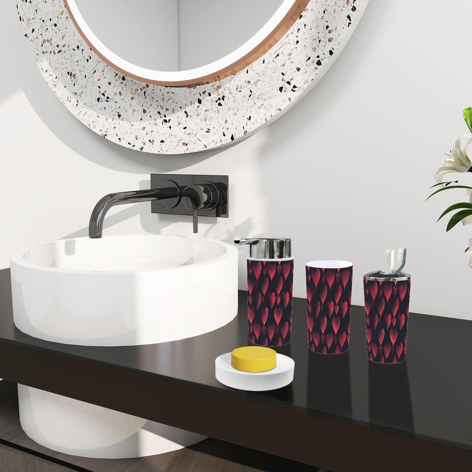 Boho Valentine Bath Accessories Set 6 Piece Red Black Hearts