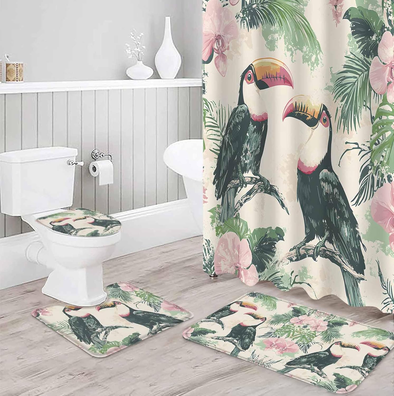 ZOE GARDEN Summer Parrot Bath Set with Curtain and Rug
