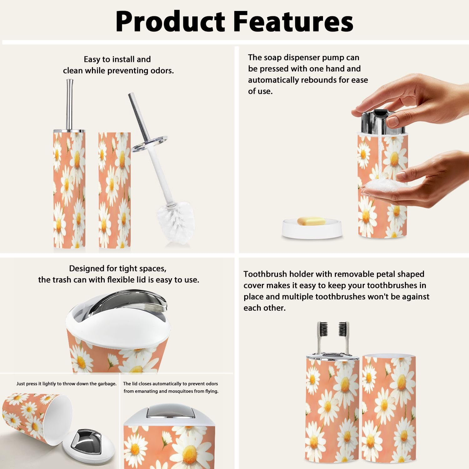 Boho Daisy Pattern 6 Piece Bathroom Accessory Set