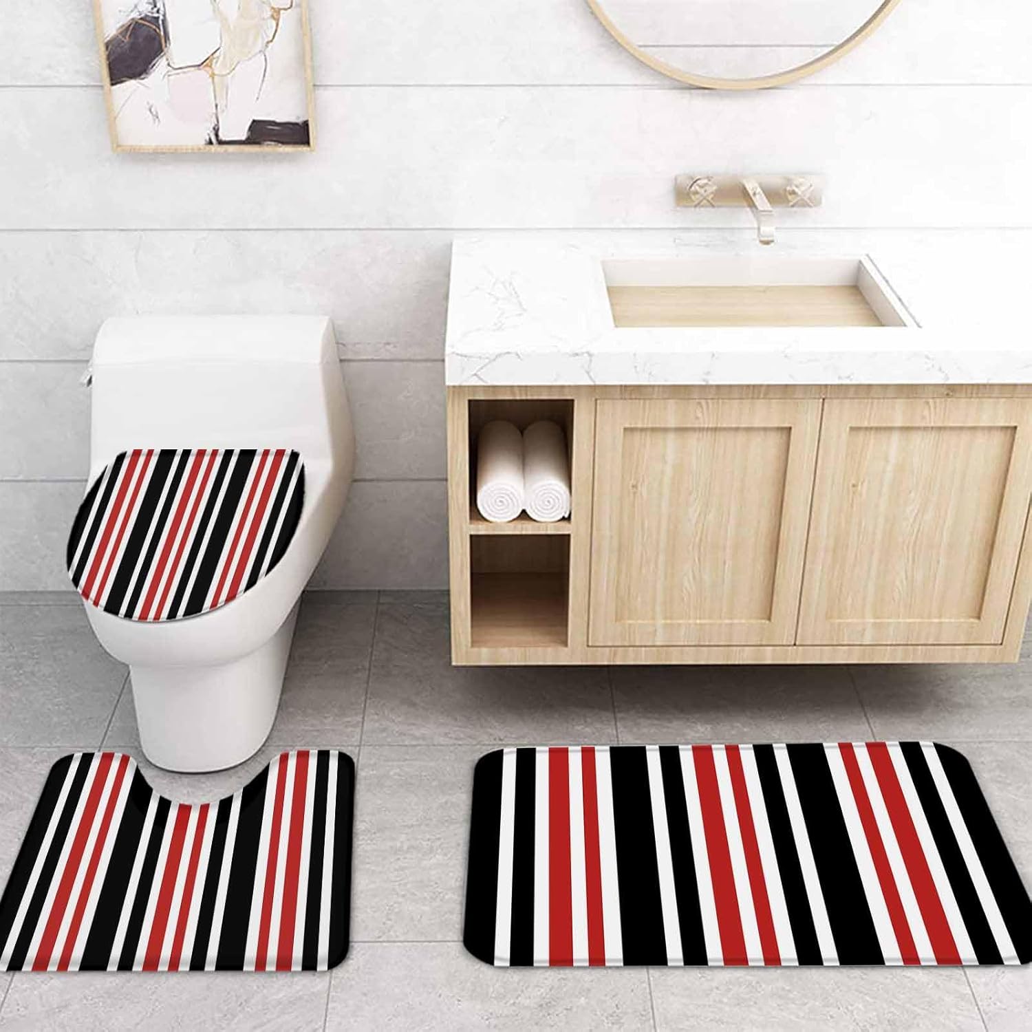 ZOE GARDEN Red Black Striped Bath Set with Curtain Rug Hooks