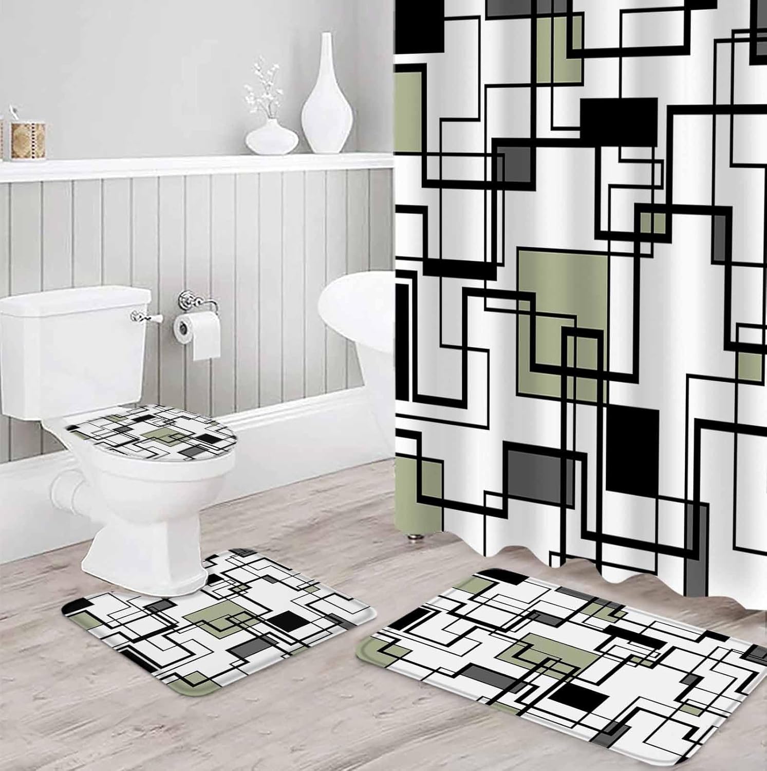 ZOE GARDEN Sage Green Bathroom Set with Shower Curtain Rug and Accessories