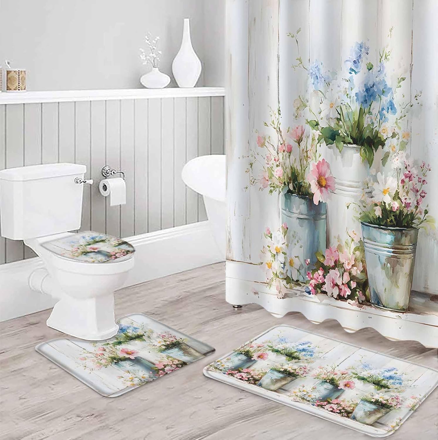 ZOE GARDEN Daisies Flowers Bath Set - 72x72 Waterproof Curtain Rug