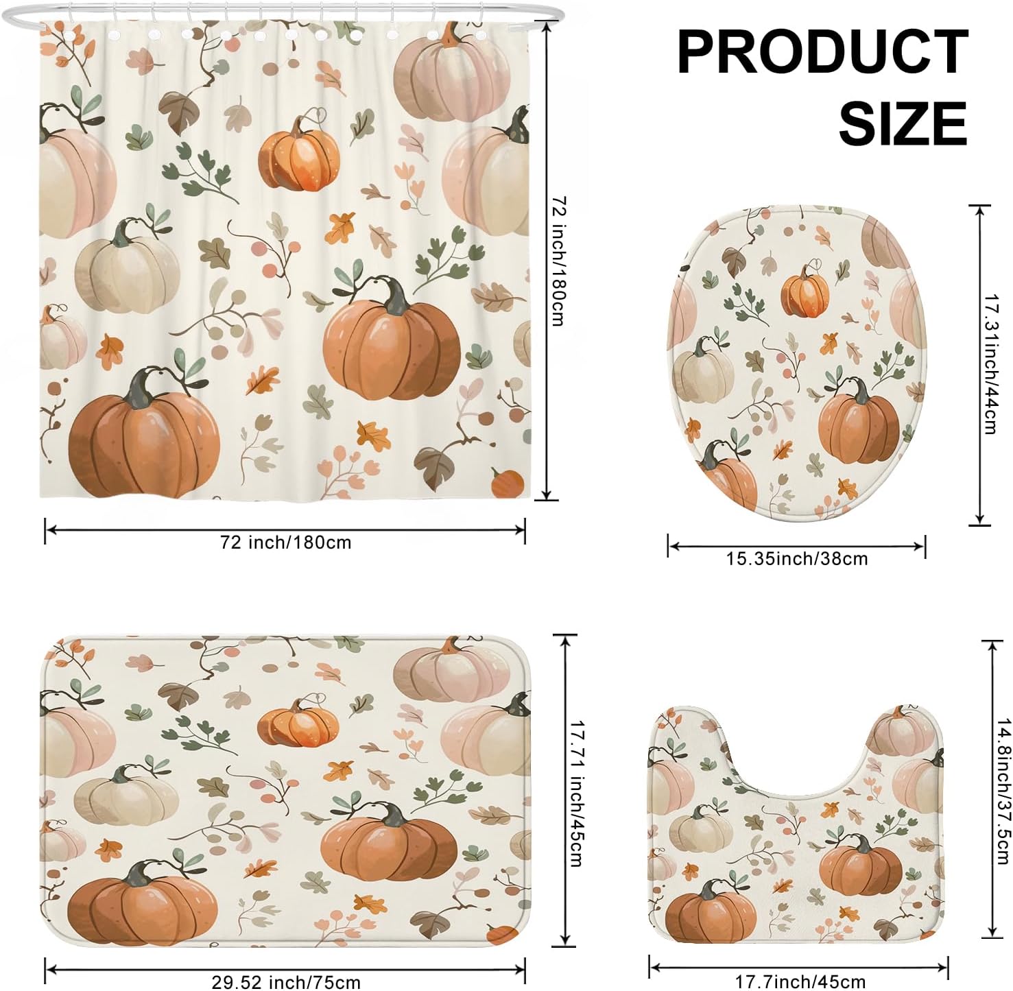 Fall Cream Pumpkin Shower Curtain Set with Non-Slip Rug and U Shape
