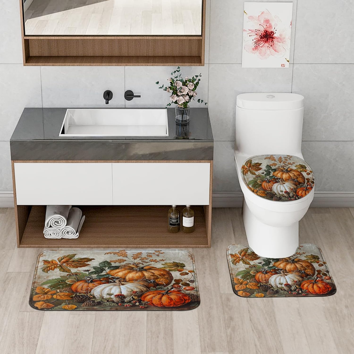 4PCS Fall Art Pumpkin Bathroom Decor Set