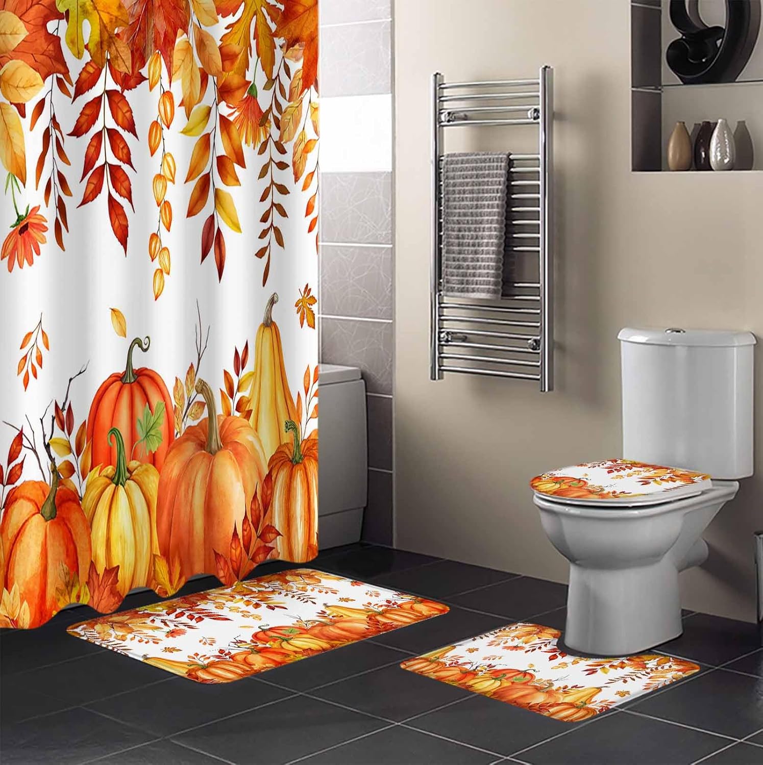 ZOE GARDEN Autumn Pumpkin Bath Set with Curtain Rug and Hooks